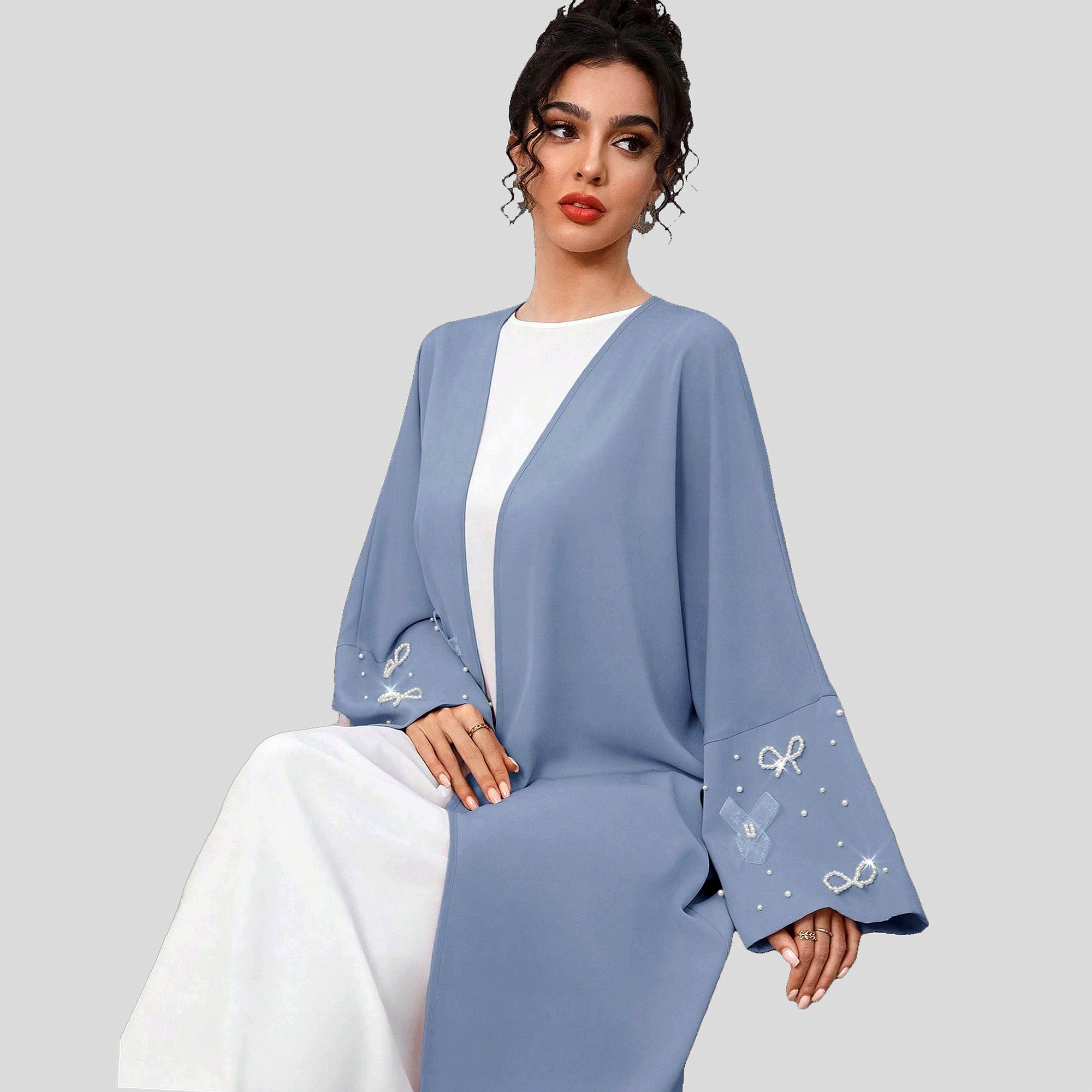 Kimono Maxi Modré Otevřené s perlami Zvonový rukáv Shein M 38