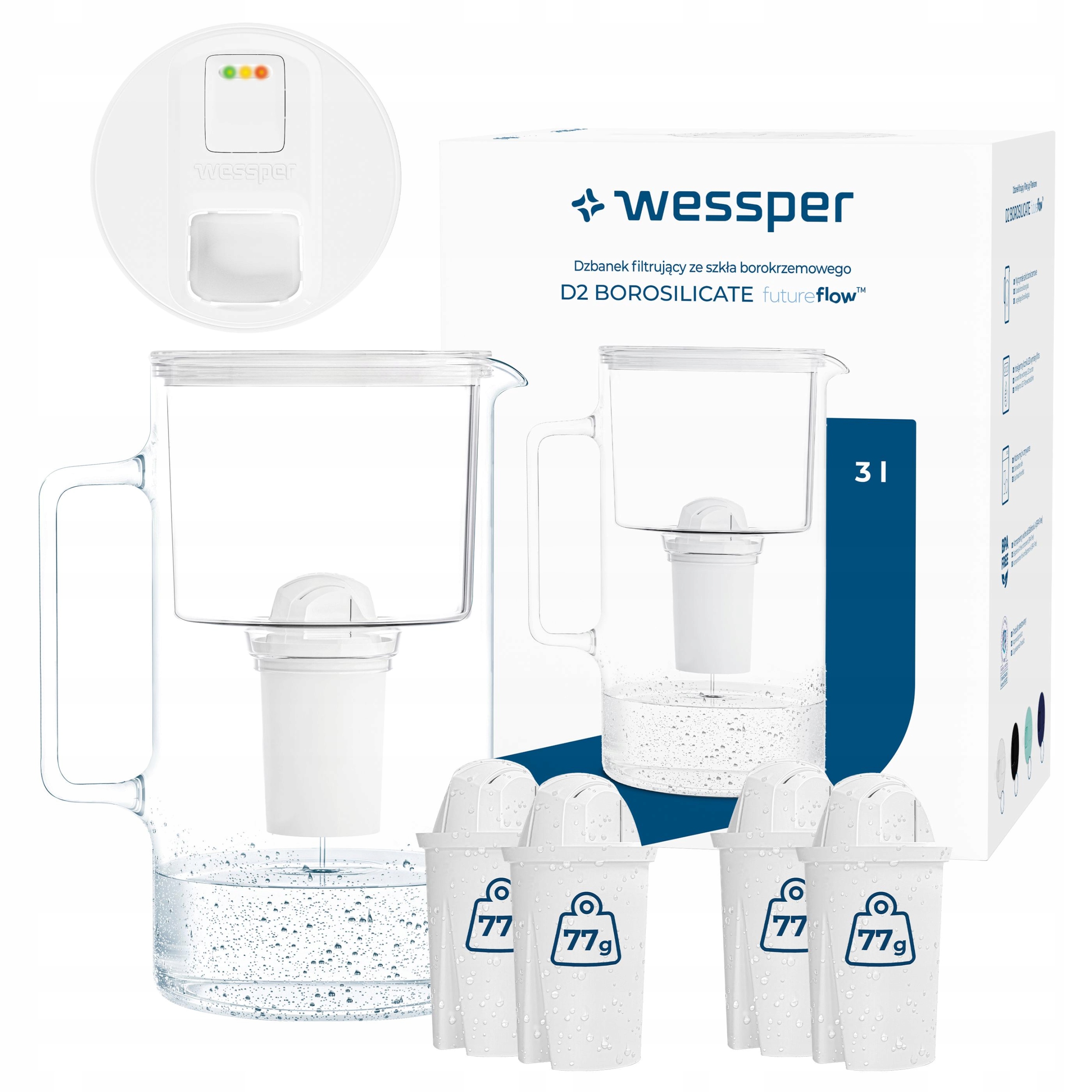 Skleněná filtrační konvice s Led počítadlem Wessper D2 Borosilicate 5x filtr