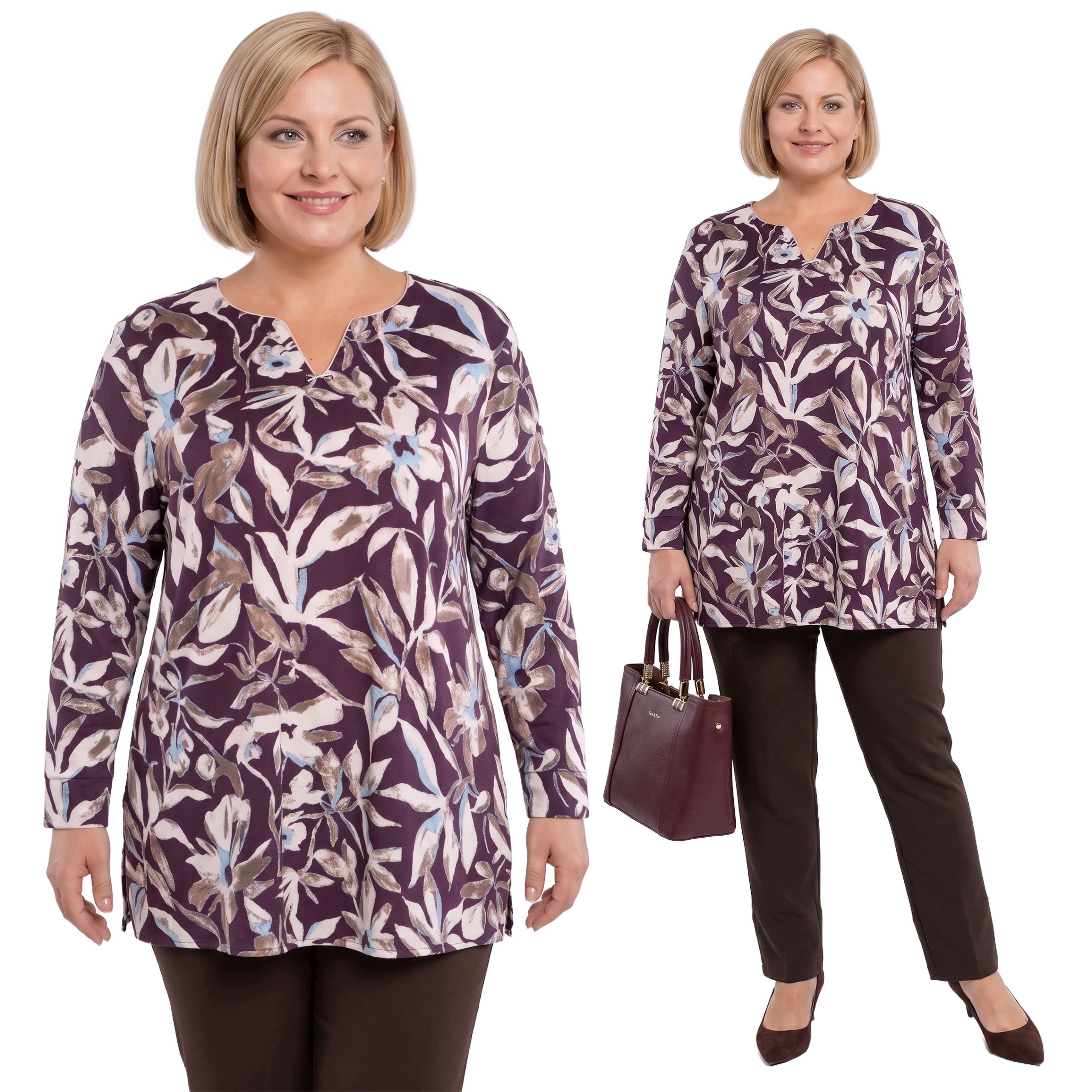 Fialová halenka s béžovými listy plus size velikost 54