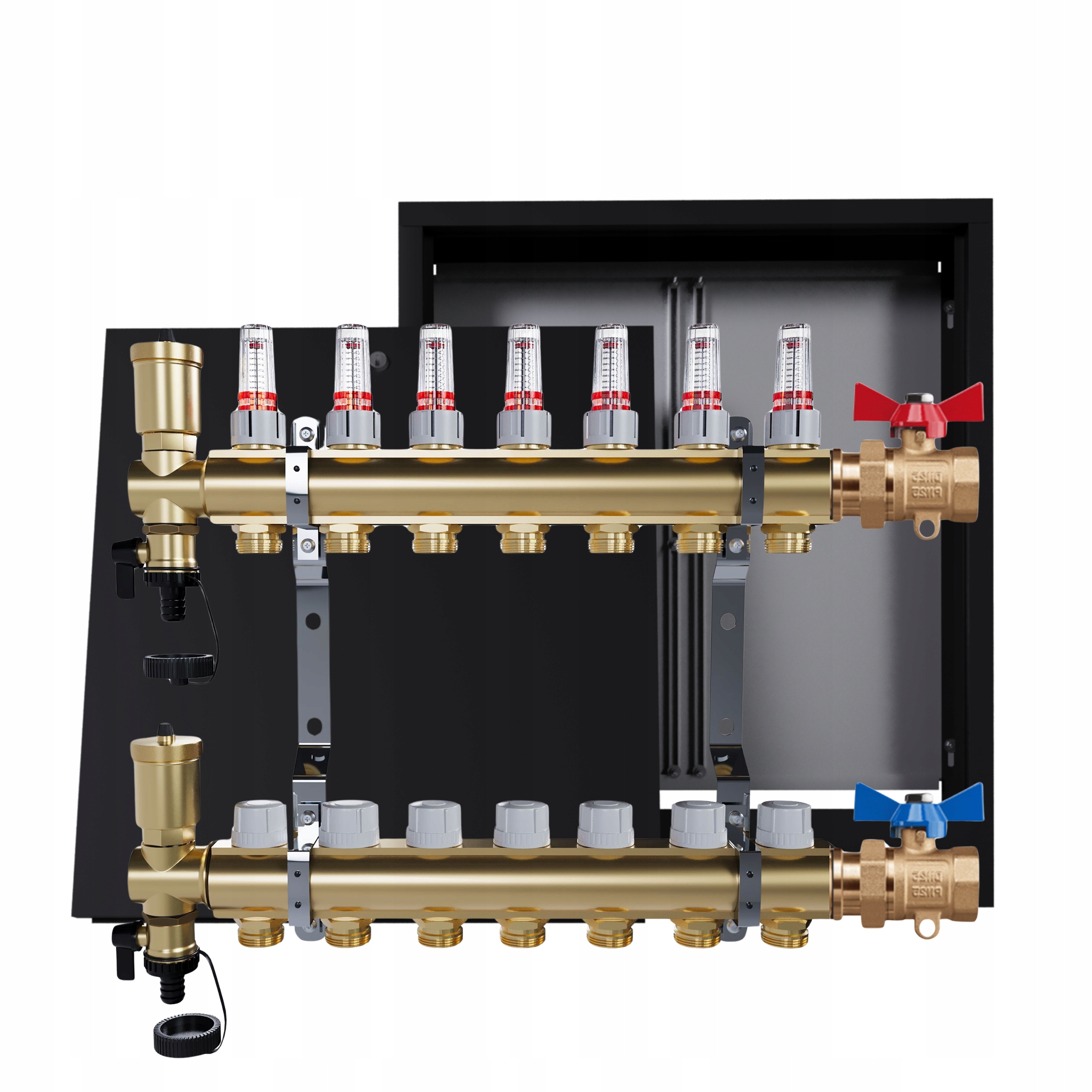 Rozdělovač podlahových krytin mosazný 7 okruhů skříňka černá jednoduchý ventil