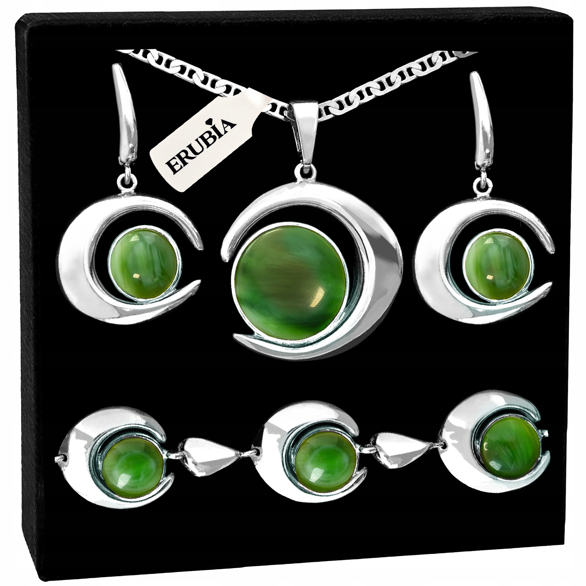 Stříbrný Komplet Šperků Náhrdelník Přívěsek Měsíc 925 Achát Náušnice 45 CM