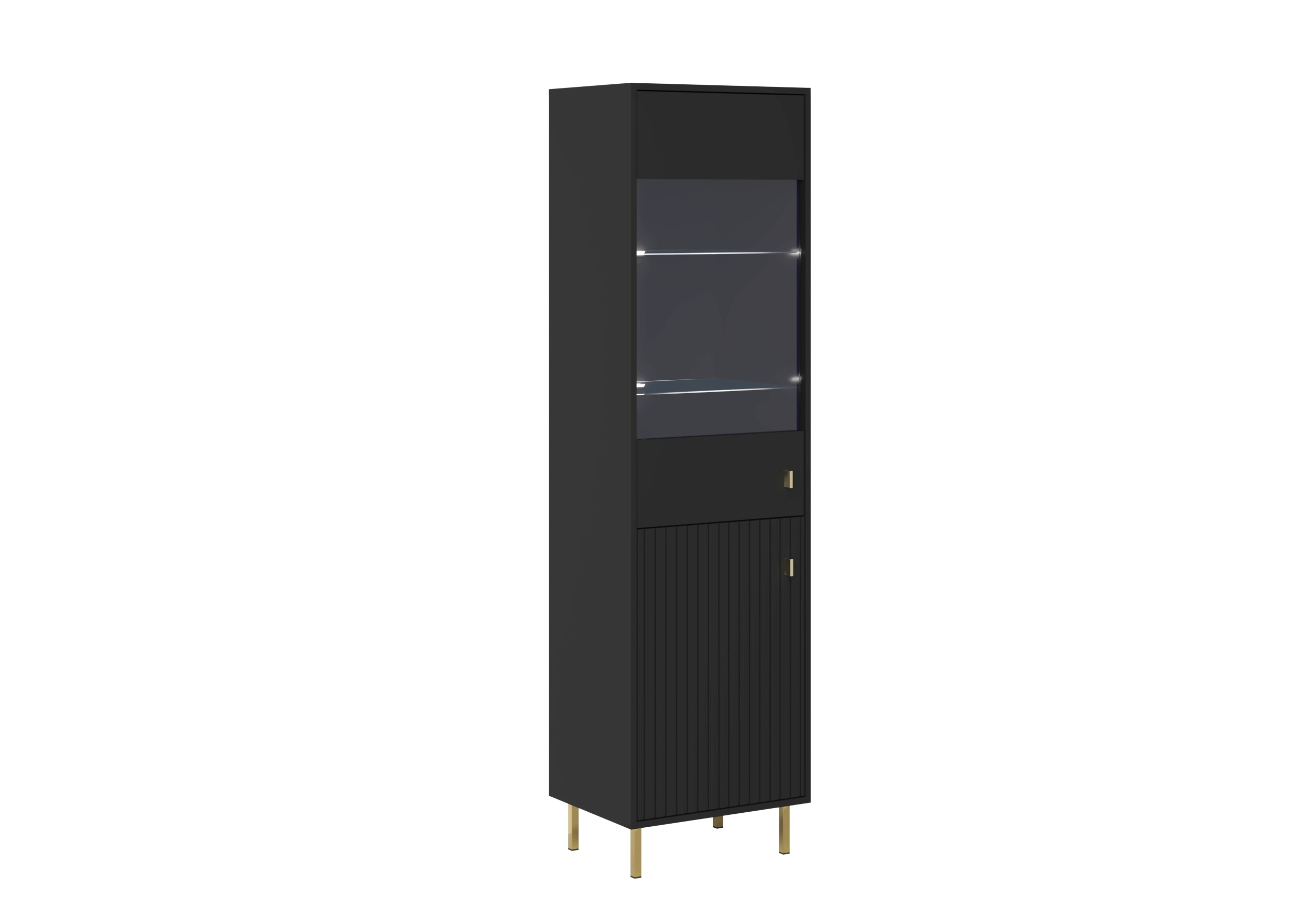 Vitrína Piano 2D Černá Ryflovaná Přední strana Zlaté Nožičky 190 cm Loft