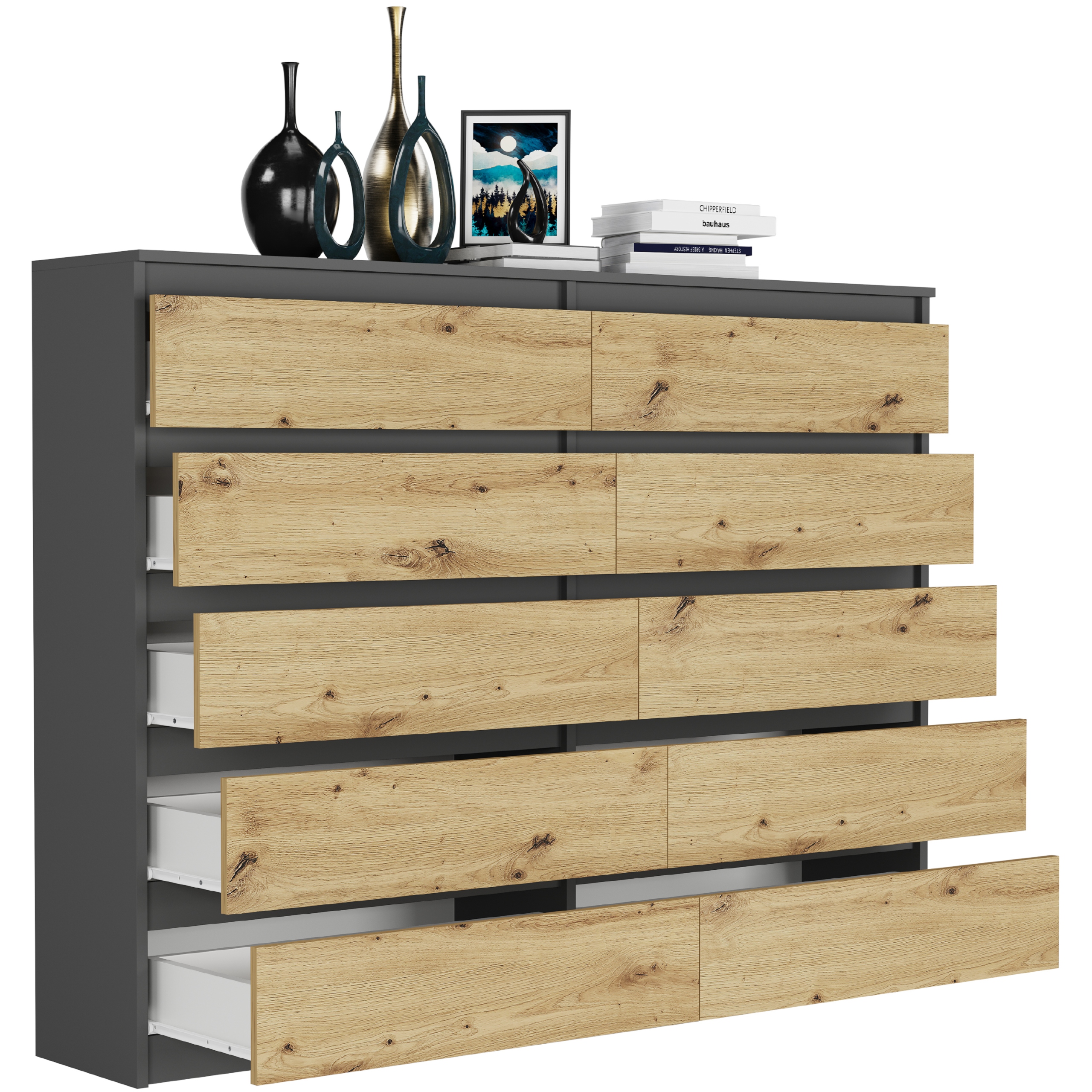 Nowoczesna KOMODA 160 SZAFKA 10 SZUFLAD R-160-S10 ANTRACYT MIX ARTISAN