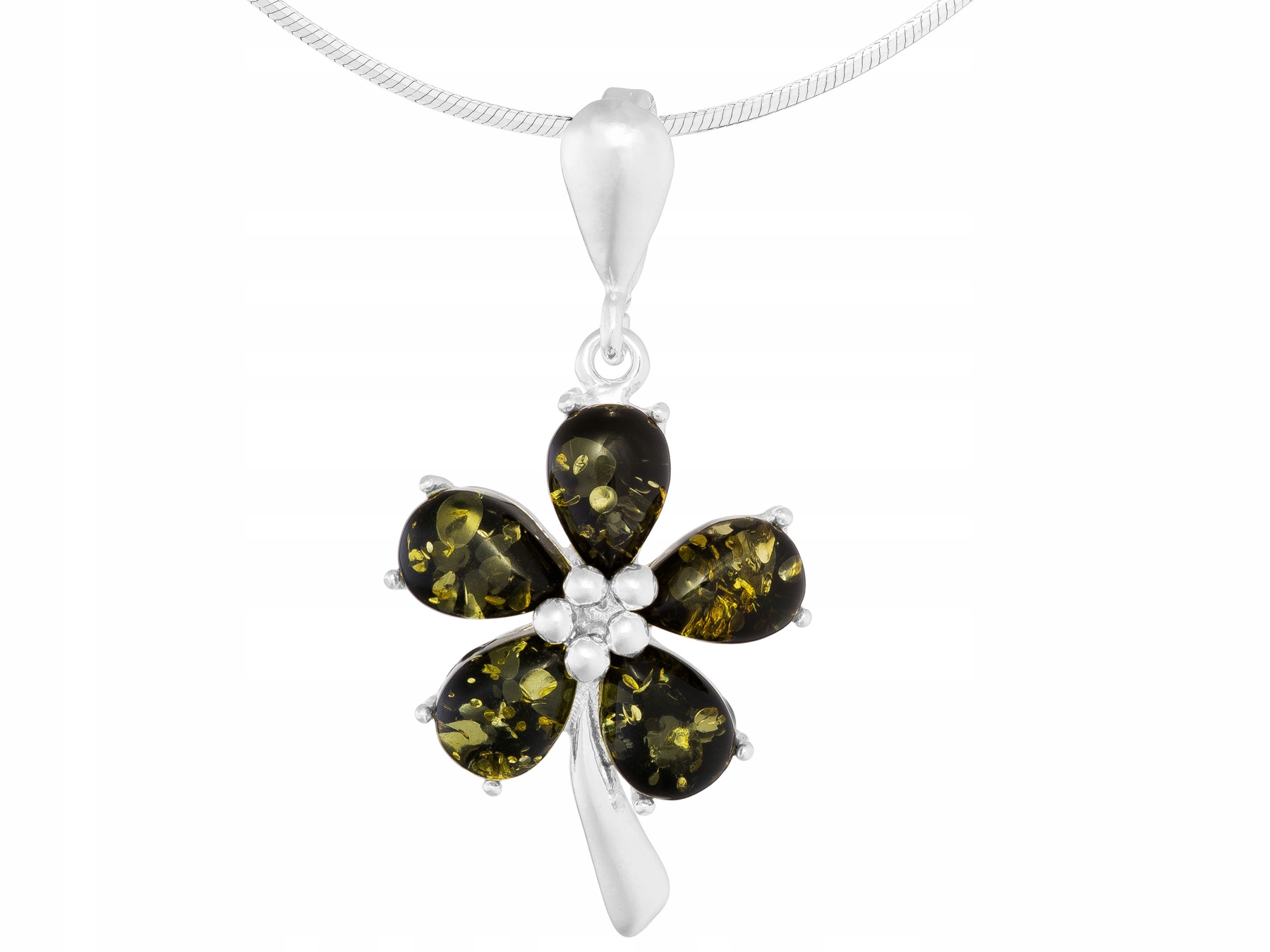 Krátký stříbrný náhrdelník Květina se zeleným jantarem Květina Jantar 45 cm