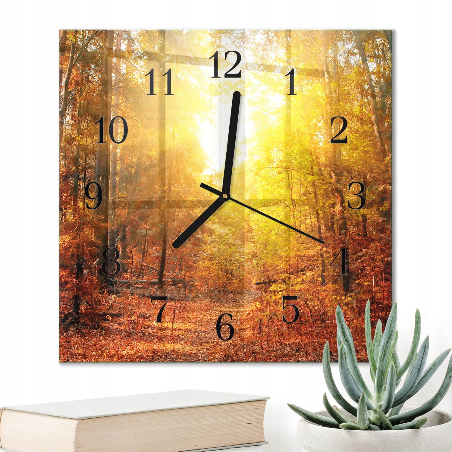 Designové čtvercové hodiny 30 x 30 cm Skleněné do interiéru Podzimní les