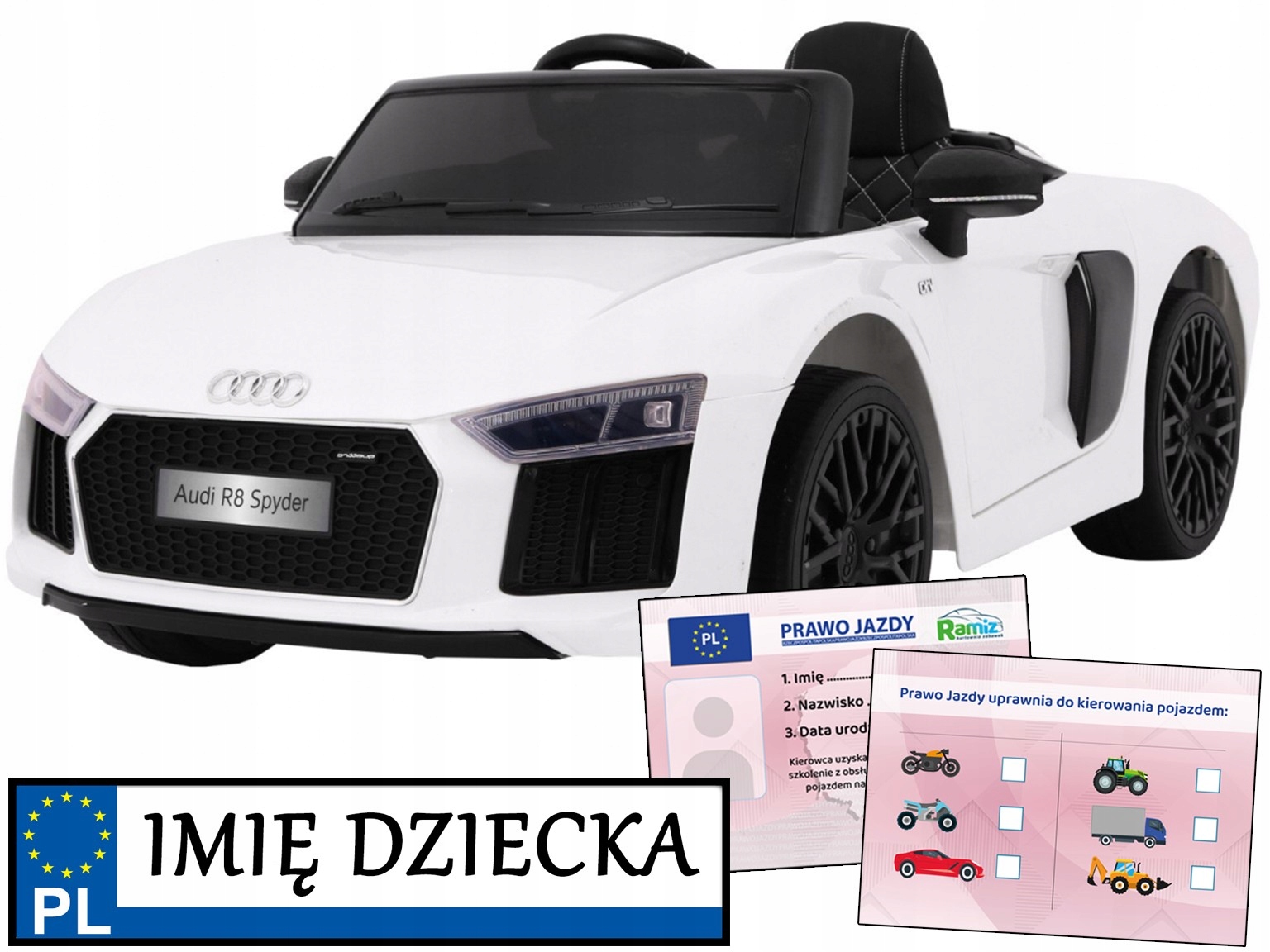 Audi R8 Spyder autko elektryczne dziecięce pilot Prawo Jazdy tablica