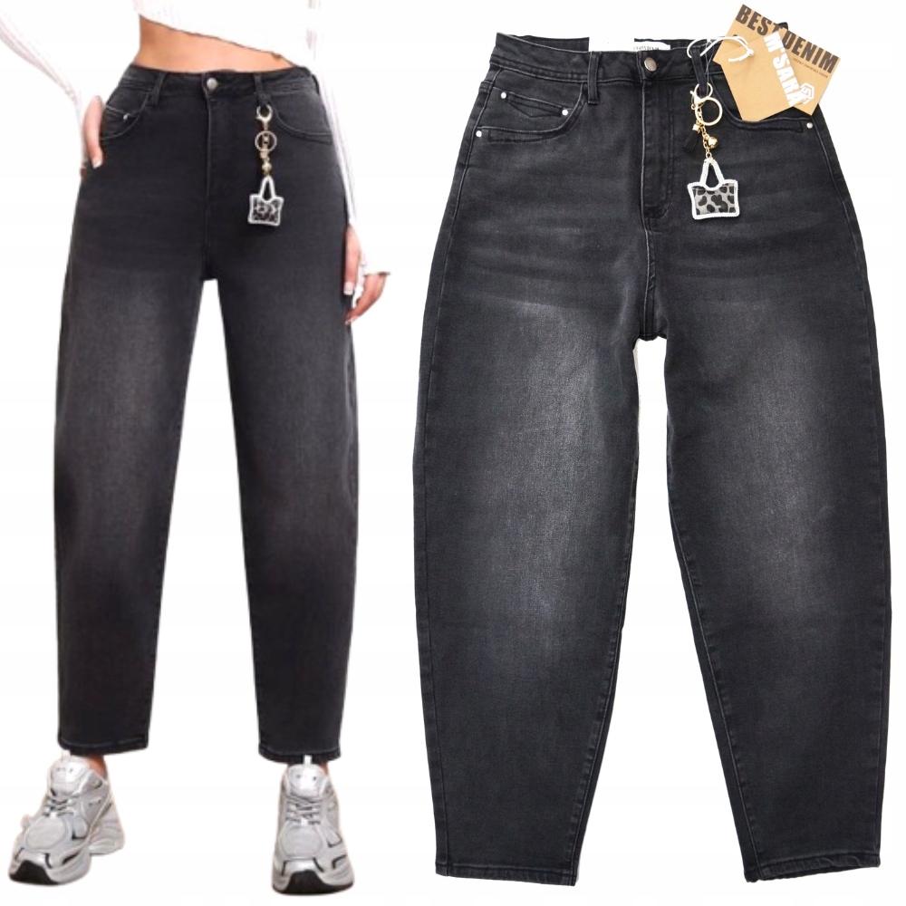 M.sara Balloon Modne Damskie Spodnie Jeansowe Szare Wysoki Stan 42/XL