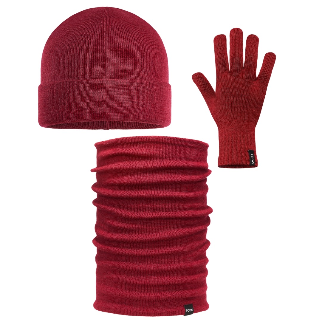 teplý komplet Merino: čepice, nákrčník, rukavice WonderHand L/XL bordové barvy