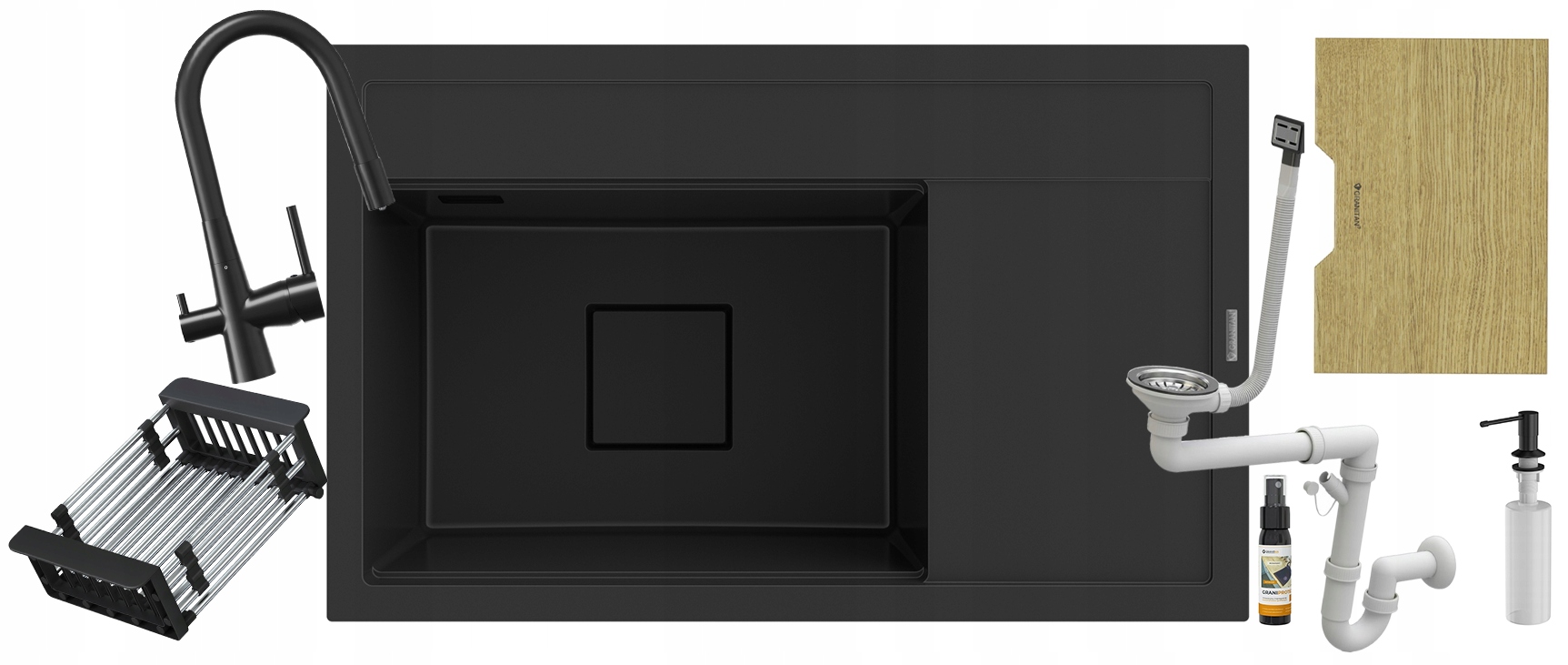 Čierny granitový drez Rendo Set, odkvapkávacia batéria do filtra, umývacia doska