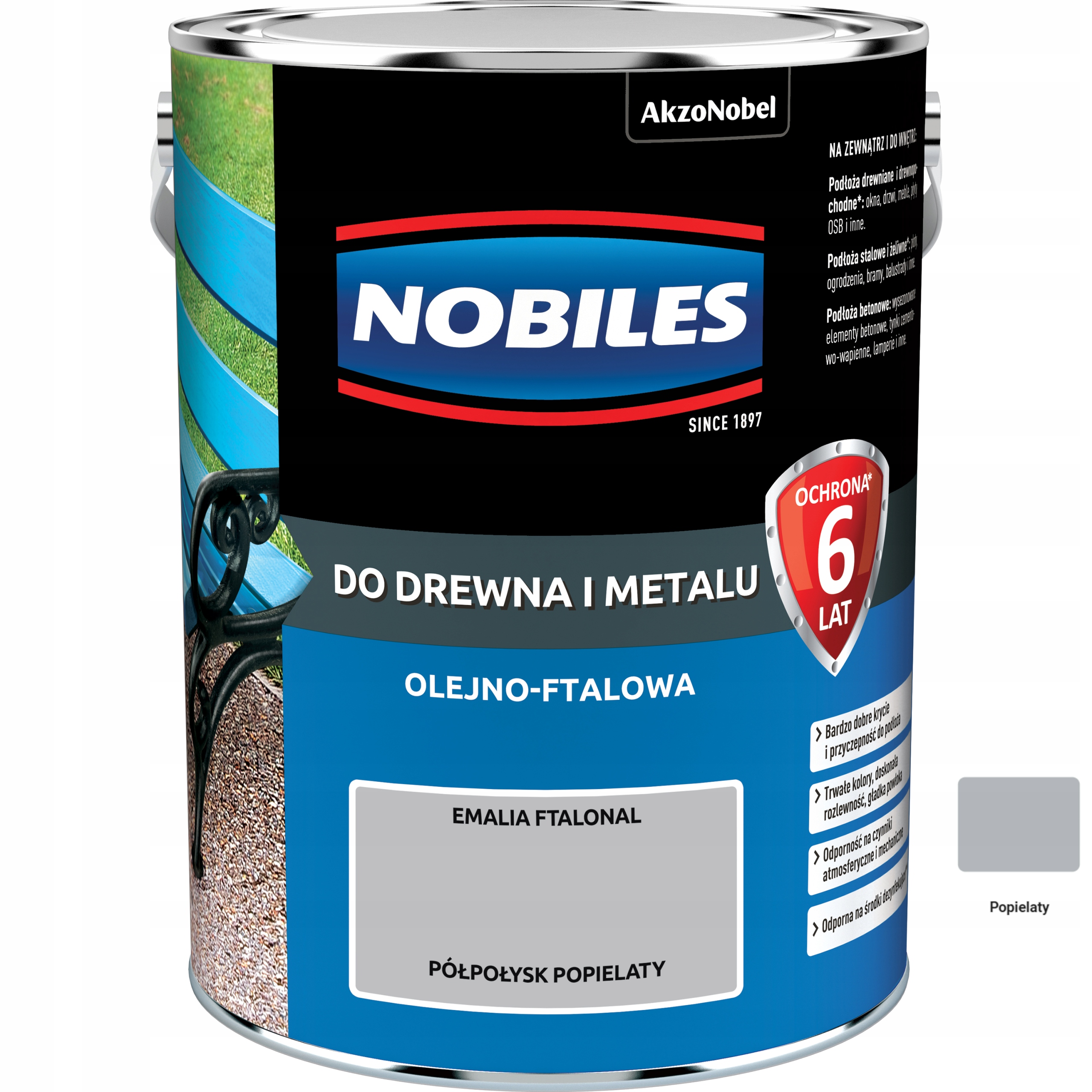 Emalia do drewna i metalu Nobiles Ftalonal Popielaty Półpołysk 5L