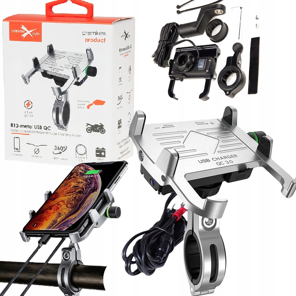 Uchwyt motocyklowy z ładowarką eXtremestyle do telefonu R10-metal QC3.0