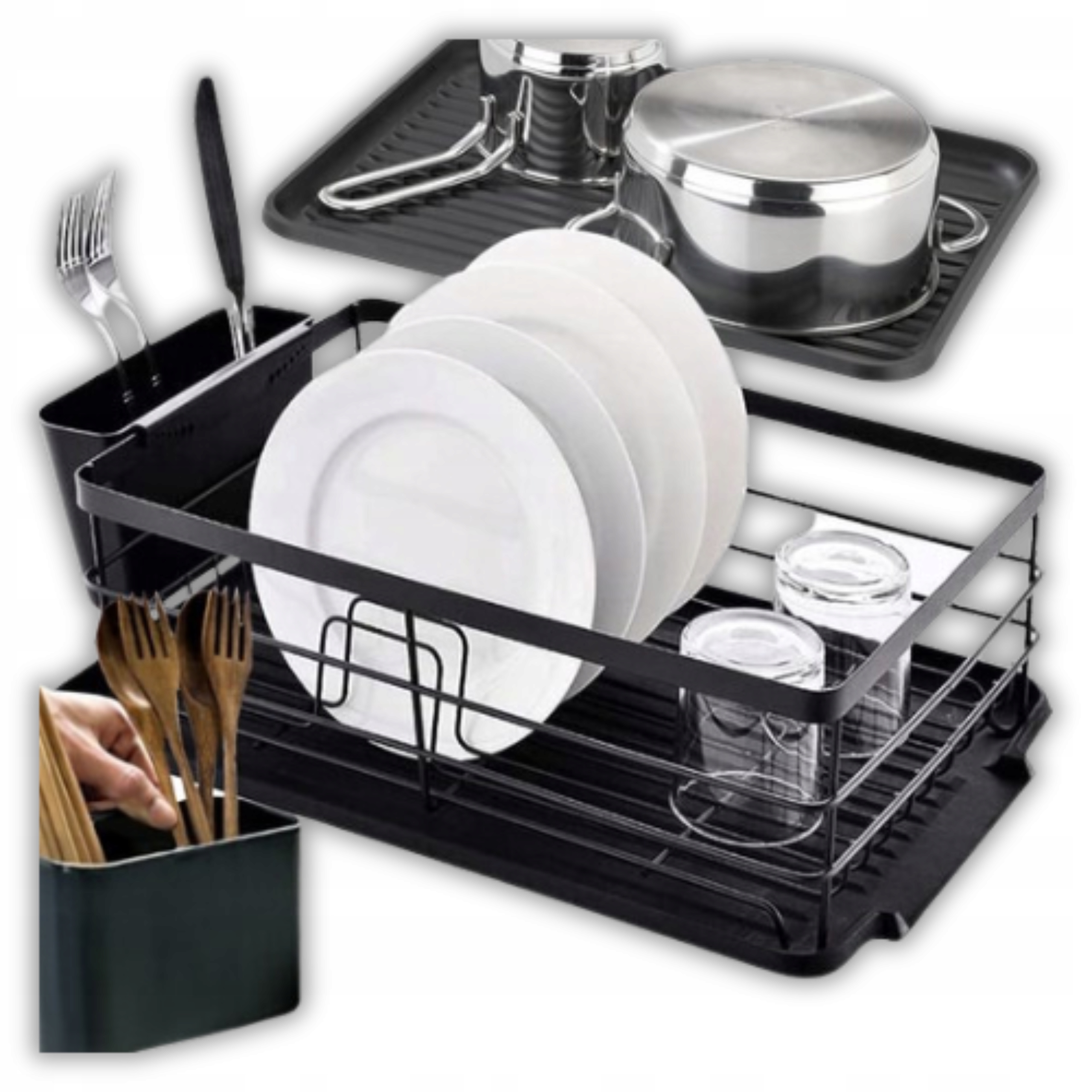 OCIEKACZ DO NACZYŃ SUSZARKA STOJĄCA CZARNA POJEMNA TALERZE SZTUĆCE