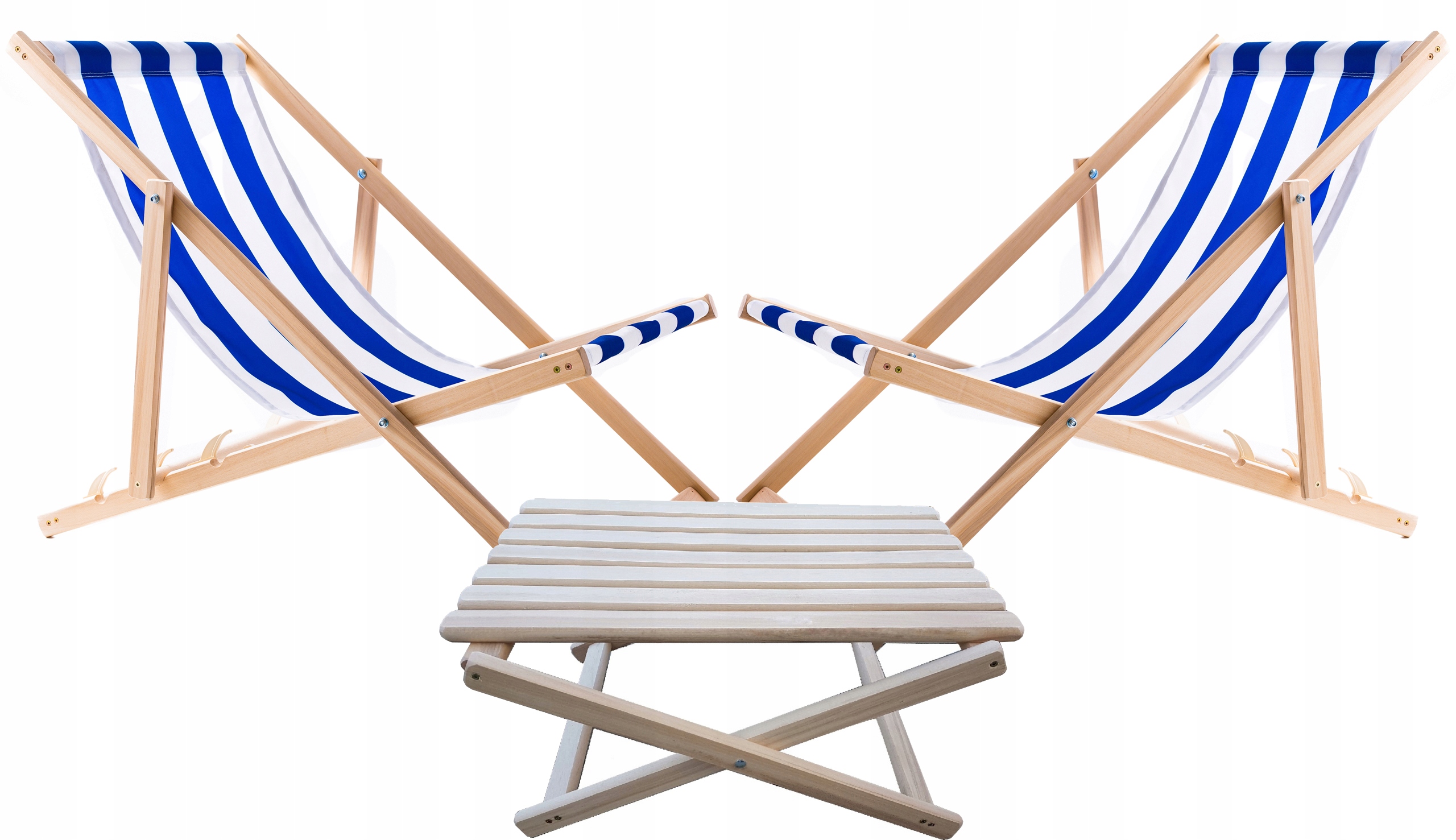 2X Leżak Plażowy Ogrodowy Drewniany Woodok Niebieskie Pasy Stolik Kawowy