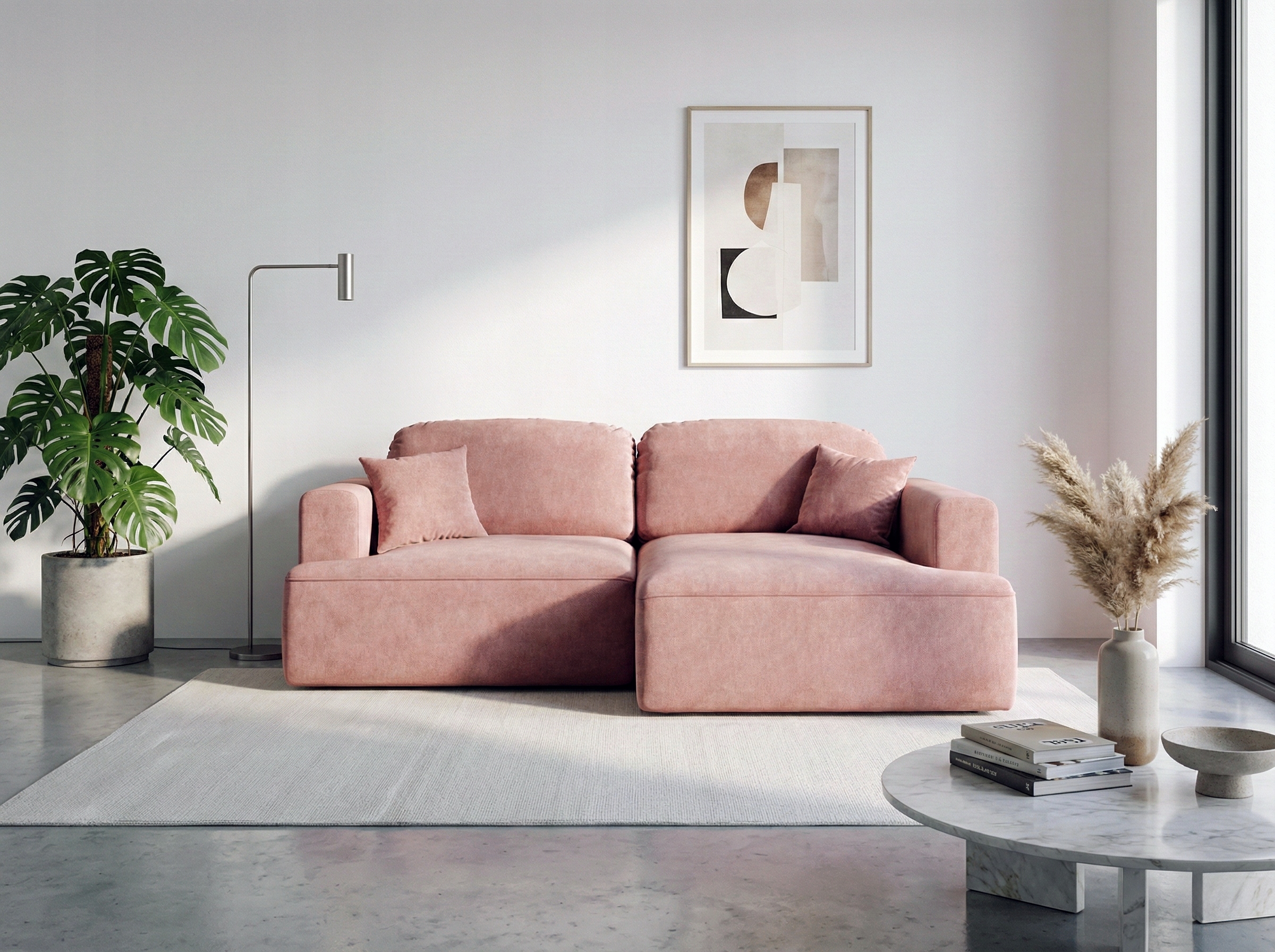 Rohová Sedací Souprava s funkcí spaní Sunny pravá s úložným prostorem na povlečení, růžový velur