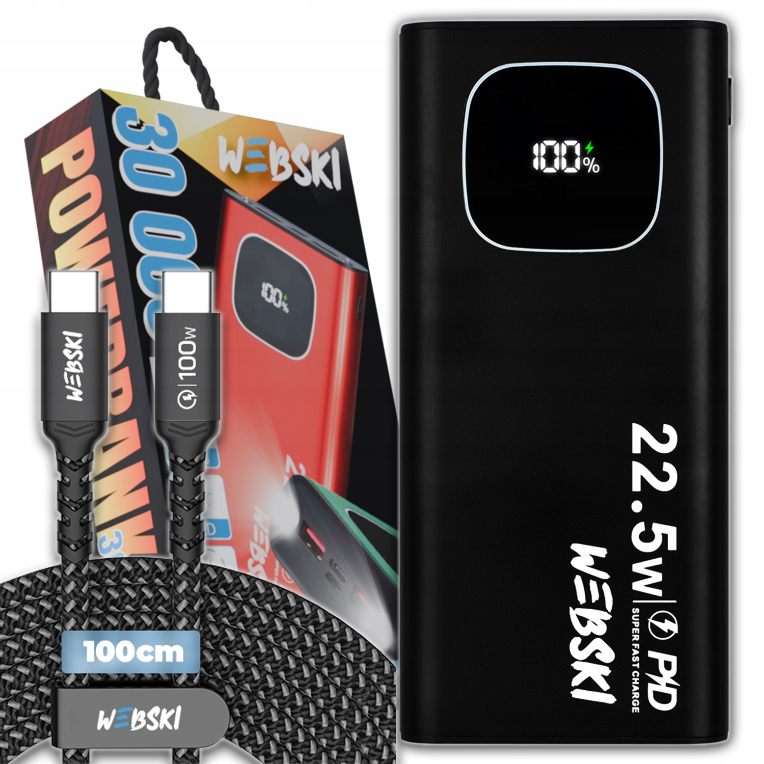 Powerbank 30 000 mAh 2X Usb-c Rychlé Nabíjení Napájení Kabel CC 1M