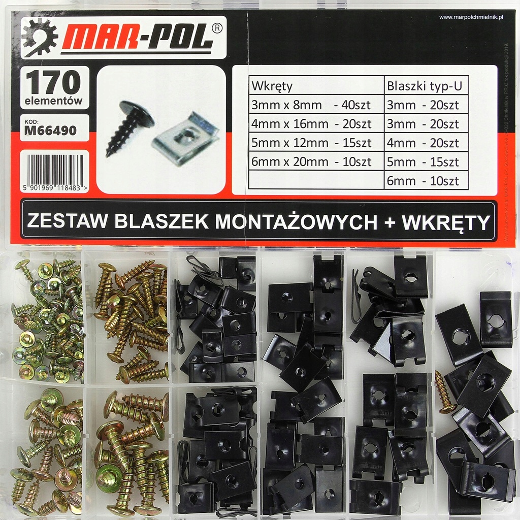 ZESTAW BLASZEK MONTAŻOWYCH + WKRĘTY 3-6mm 170SZT. MAR-POL