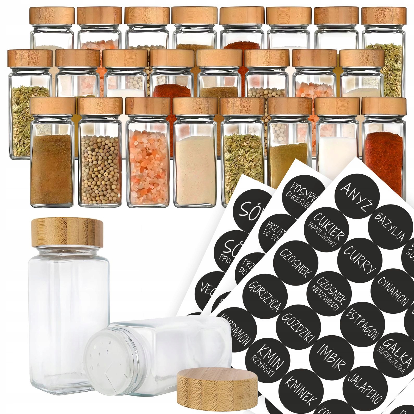 Słoiki Na Przyprawy 24szt Pojemniki Słoiczki Bambusowa zakrętka naklejki