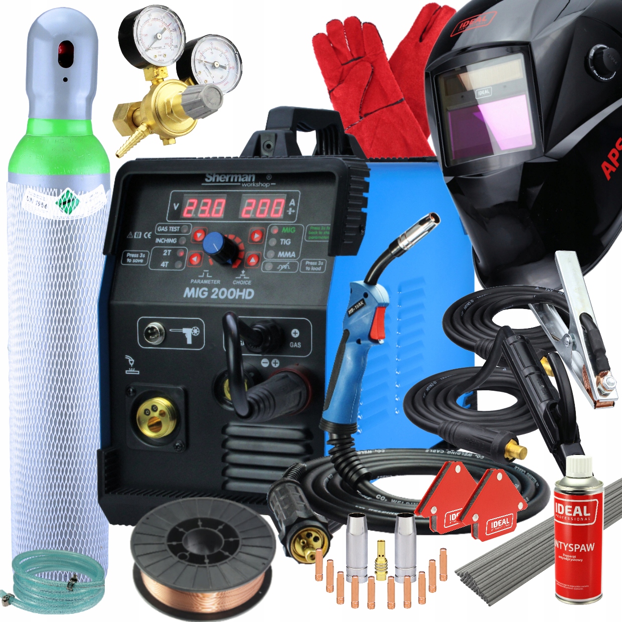 Spawarka Migomat 200HD Mig Mma 200A 230V Sherman Synergia Zestaw