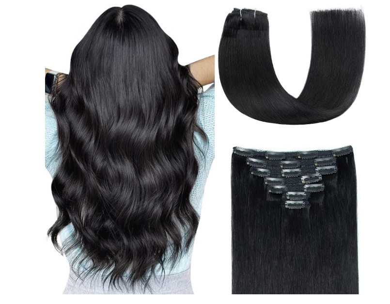 Agmity Doczepiane włosy doczepy Clip-in ludzkie włosy czarne 35 cm 7 pasm