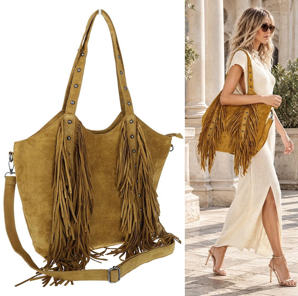 Dámská kabelka Semišové třásně Shopper Taška přes rameno L3940 Hořčicová