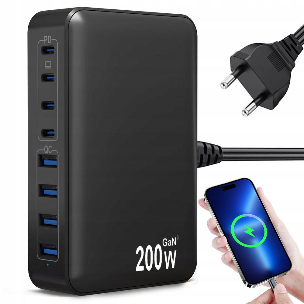 stolní nabíjecí stanice 200W GaN III 8 Usb-c Usb-a Pd +qc rychlá nabíječka