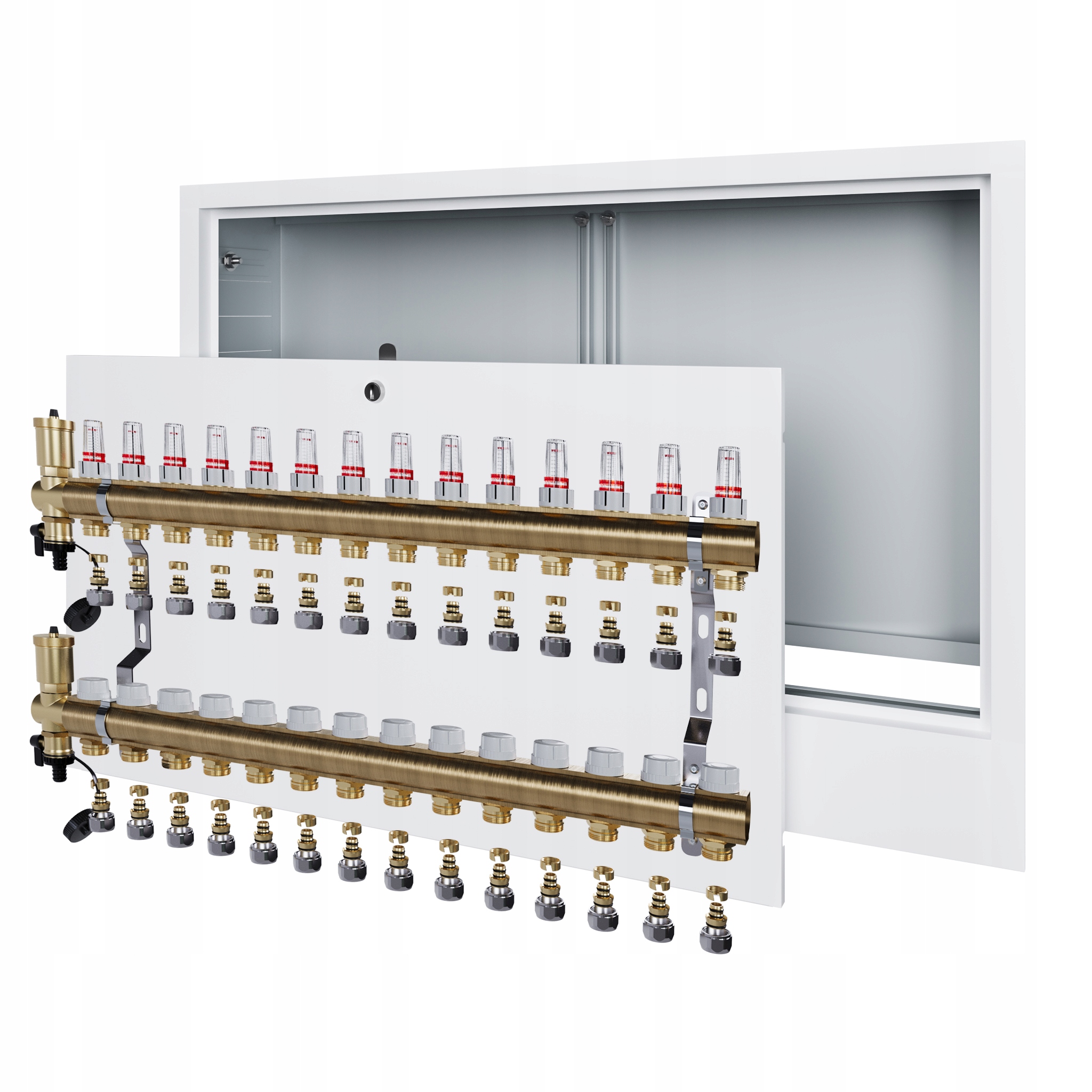 Rozdělovač pro podlahu 14 okruhů s podomítkovou schránkou a spojkou Pex