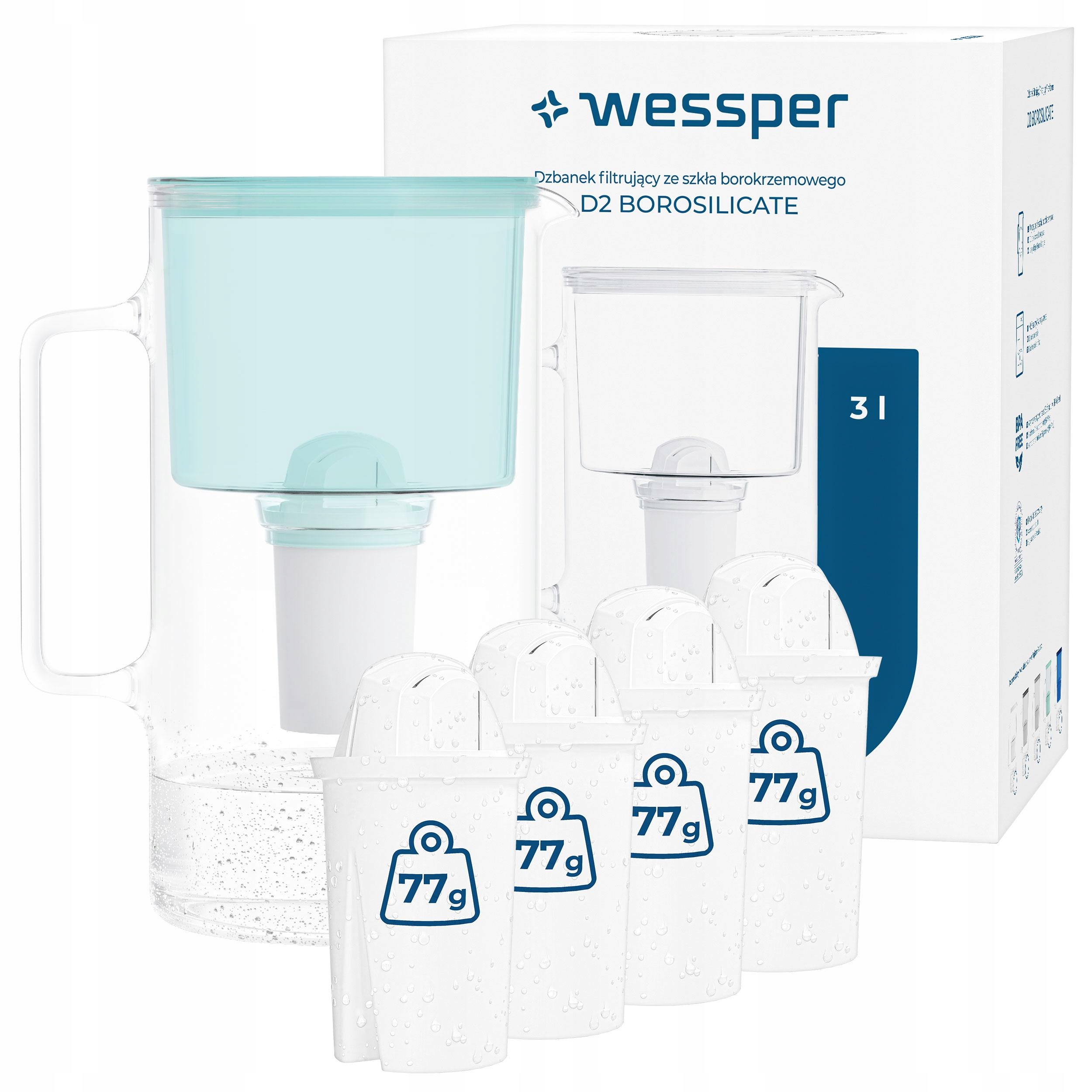 Dzbanek Szklany Wessper D2 Borosilicate 3l 5x Filtr Wkład Wody Wessper