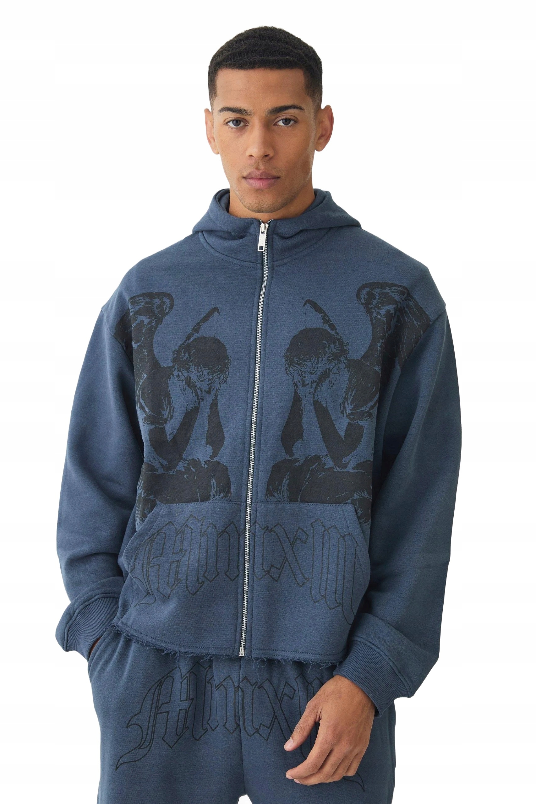 Boohooman Pánská Mikina S Kapucí S Potiskem Modrá Z3A