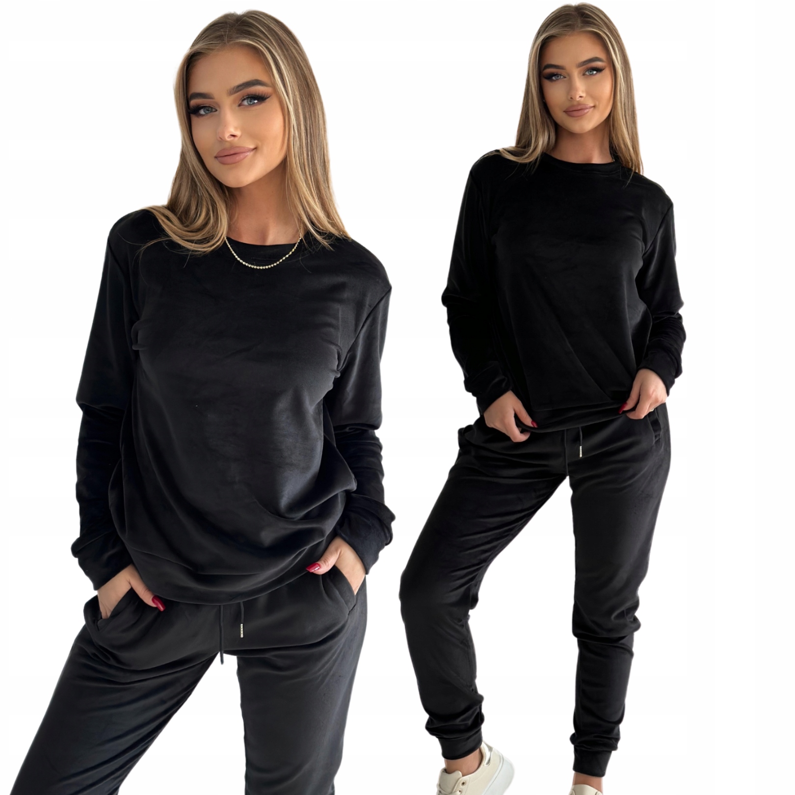 Komplet Welurowy Damski Czarny Bez Kaptura Ciepły M