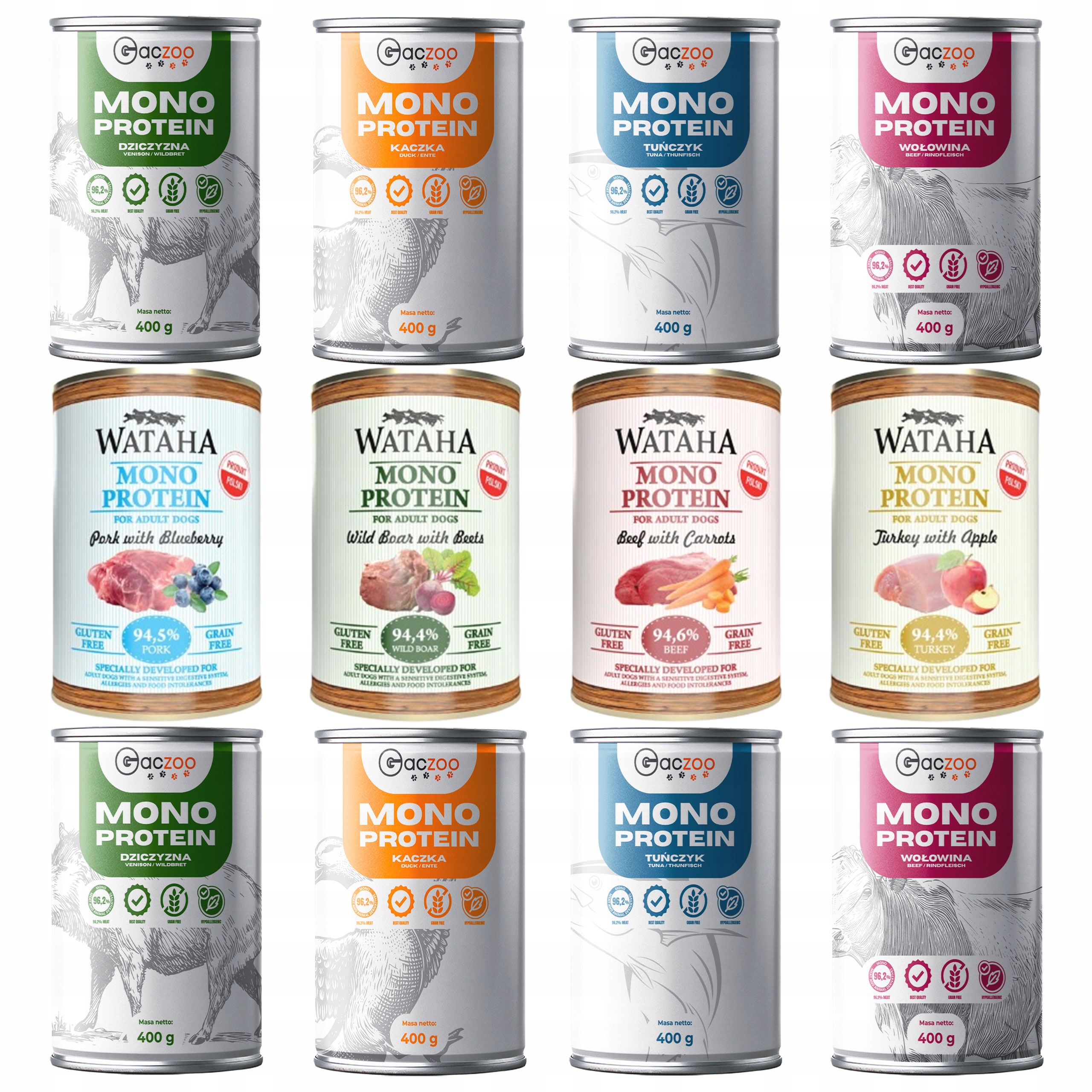 Wataha Gaczoo Mono Protein Adult karma mokra dla psa Mix smaków 12 x 400g