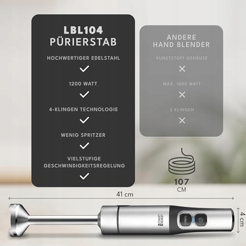 LEBENLANG Blender Ręczny 1200W Stalowy Z Kubkiem 800ml i Osłoną — miniatura 4