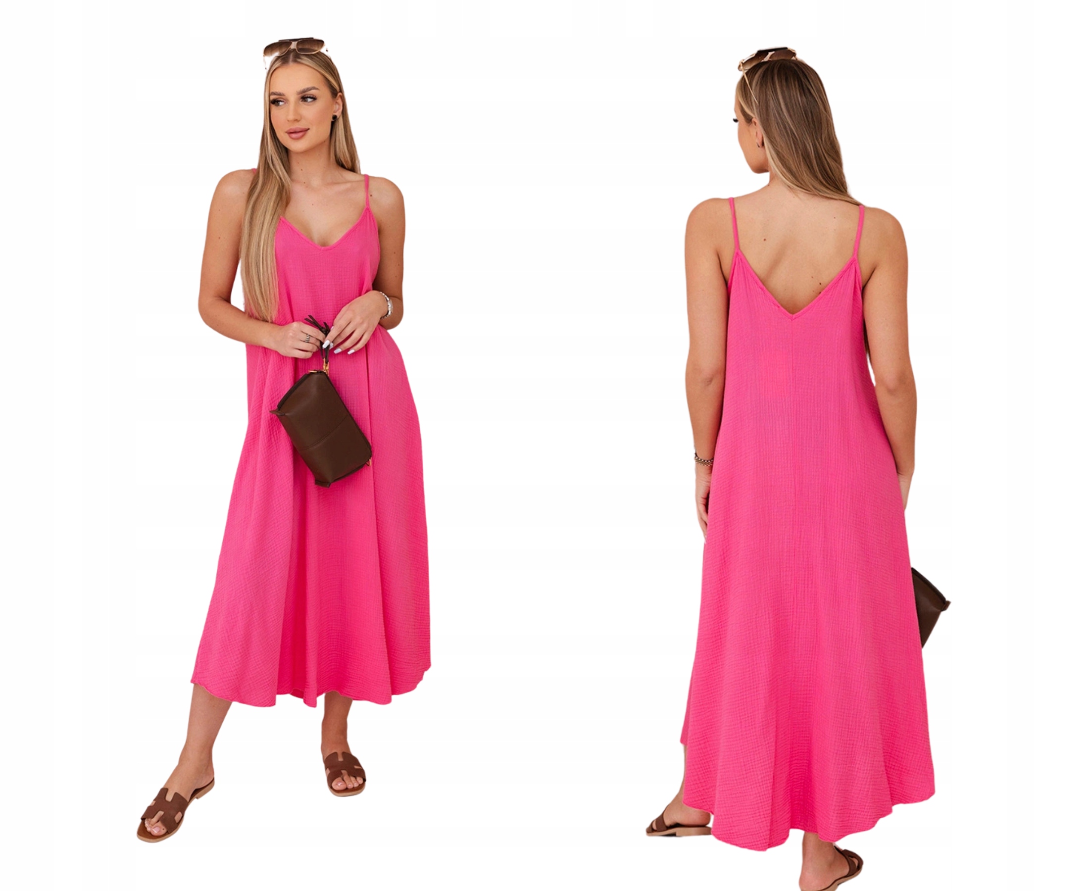 Różowa sukienka damska Muślinowa na ramiączkach