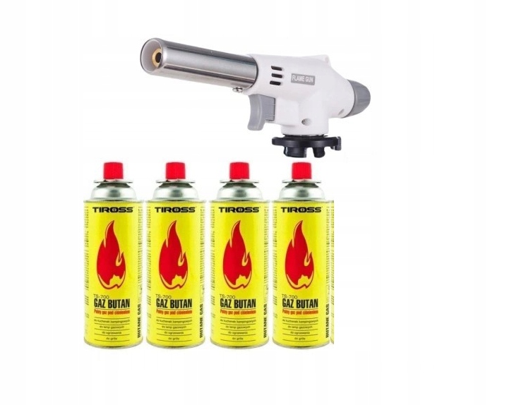 Zestaw 4 x Gaz Kartusz Tiross 400ml 1 x Palnik Flame Gun Biały Ceramiczny