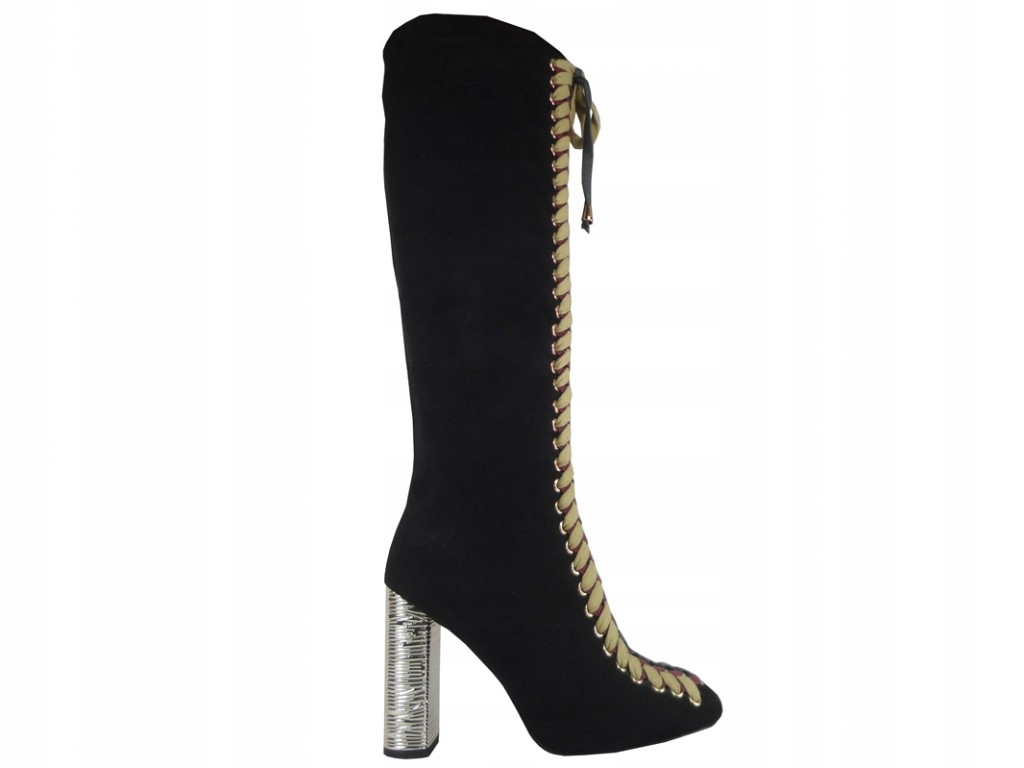 Černé kozačky na semišovém podpatku před kolenem, velikost 38