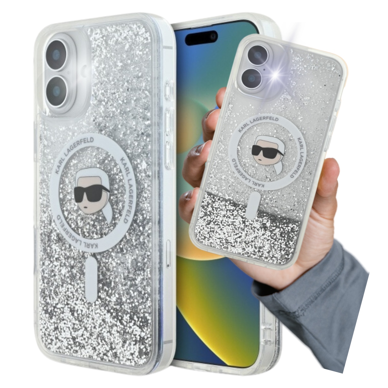 Pouzdro Karl Lagerfeld Karl Head MagSafe s tekutými třpytkami pro iPhone 16