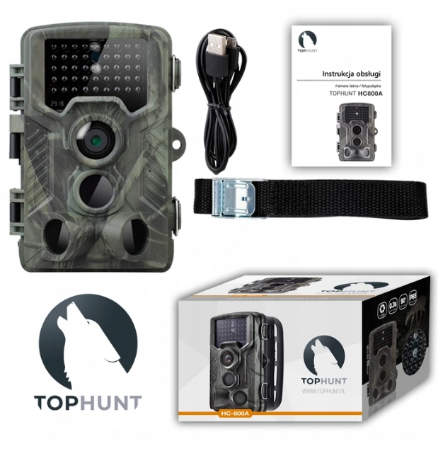 Fotopułapka leśna Tophunt HC-800A kamera do obserwacji dzikich zwierząt PL Klasa szczelności IP65