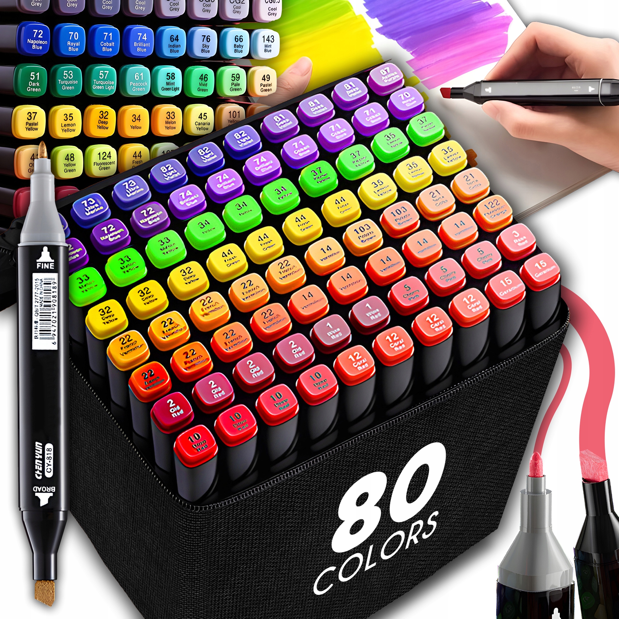 MARKERY ALKOHOLOWE ZESTAW 80SZT FLAMASTRY DWUSTRONNE PISAKI MAZAKI + TORBA