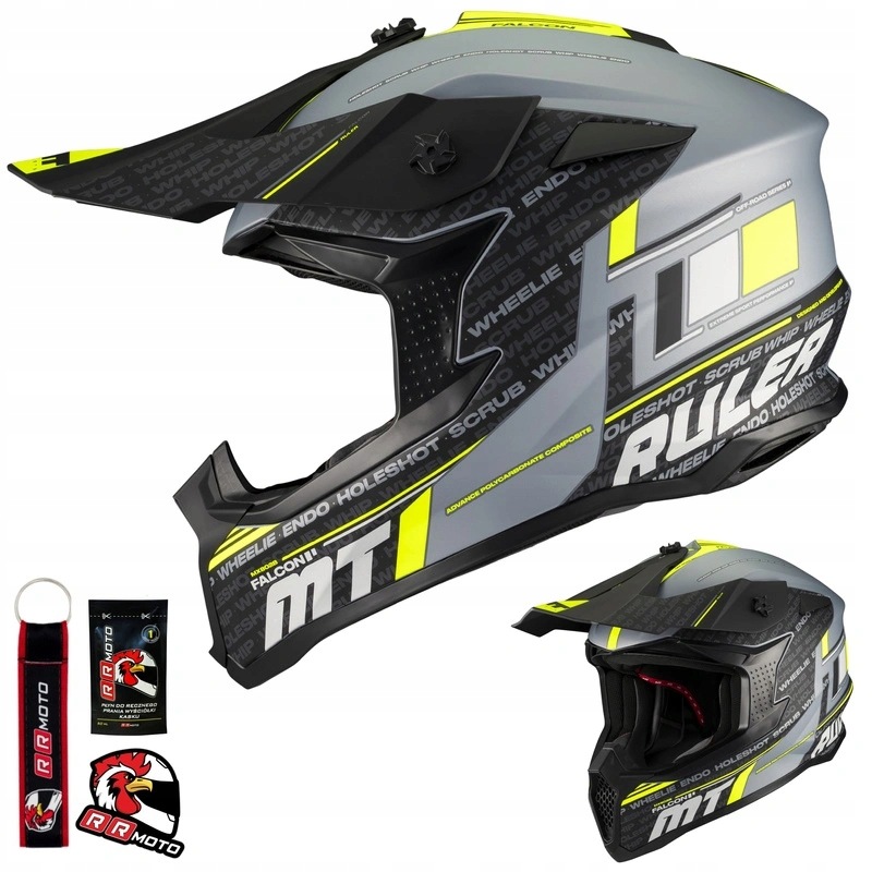 Kask cross enduro Mt Falcon S Ruler C2 Matt szary czarny żółty fluo Gratisy