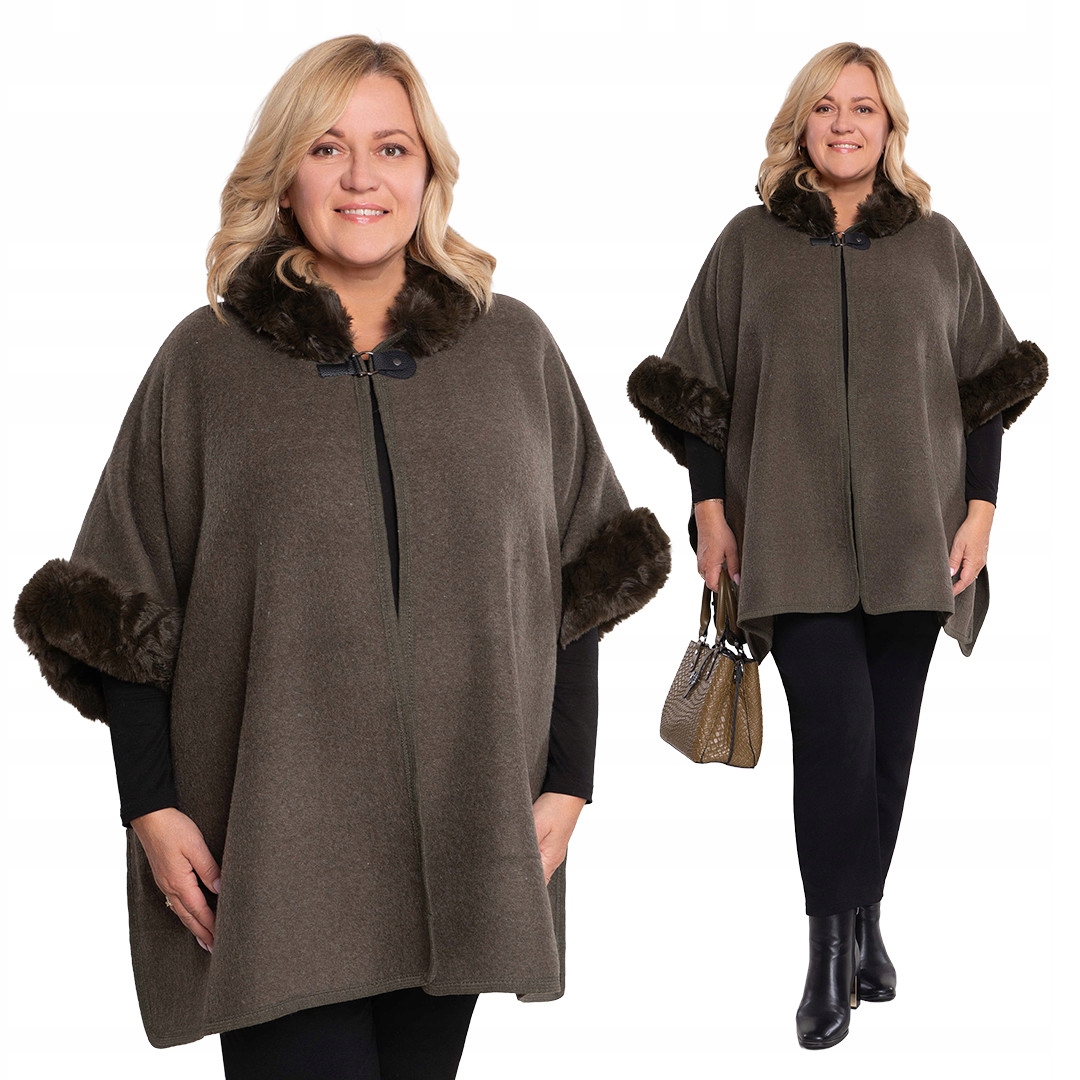 Khaki pončo s kožešinou Uni.