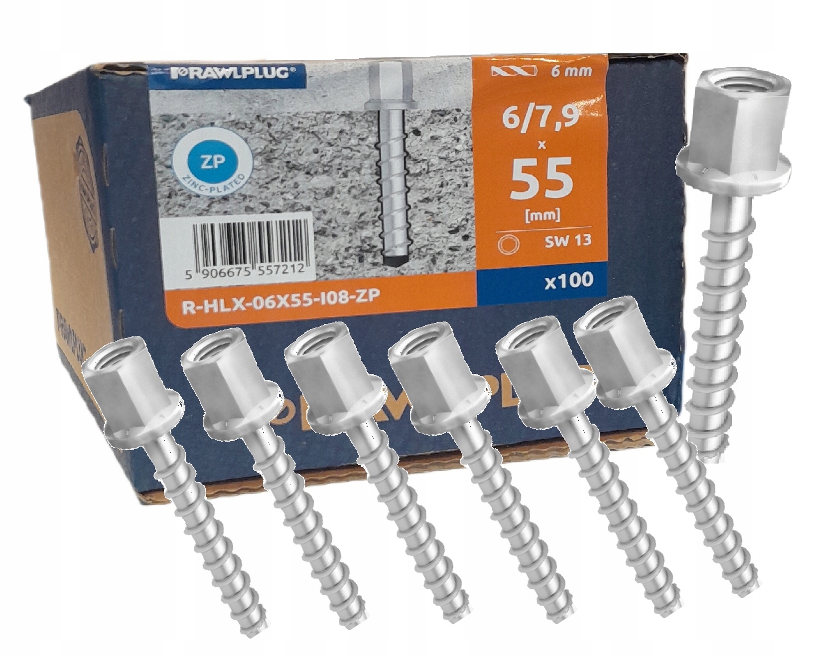 Rawlplug Wkrety śruby do betonu 6x55 mm w ocynku z łbem na gwint M8