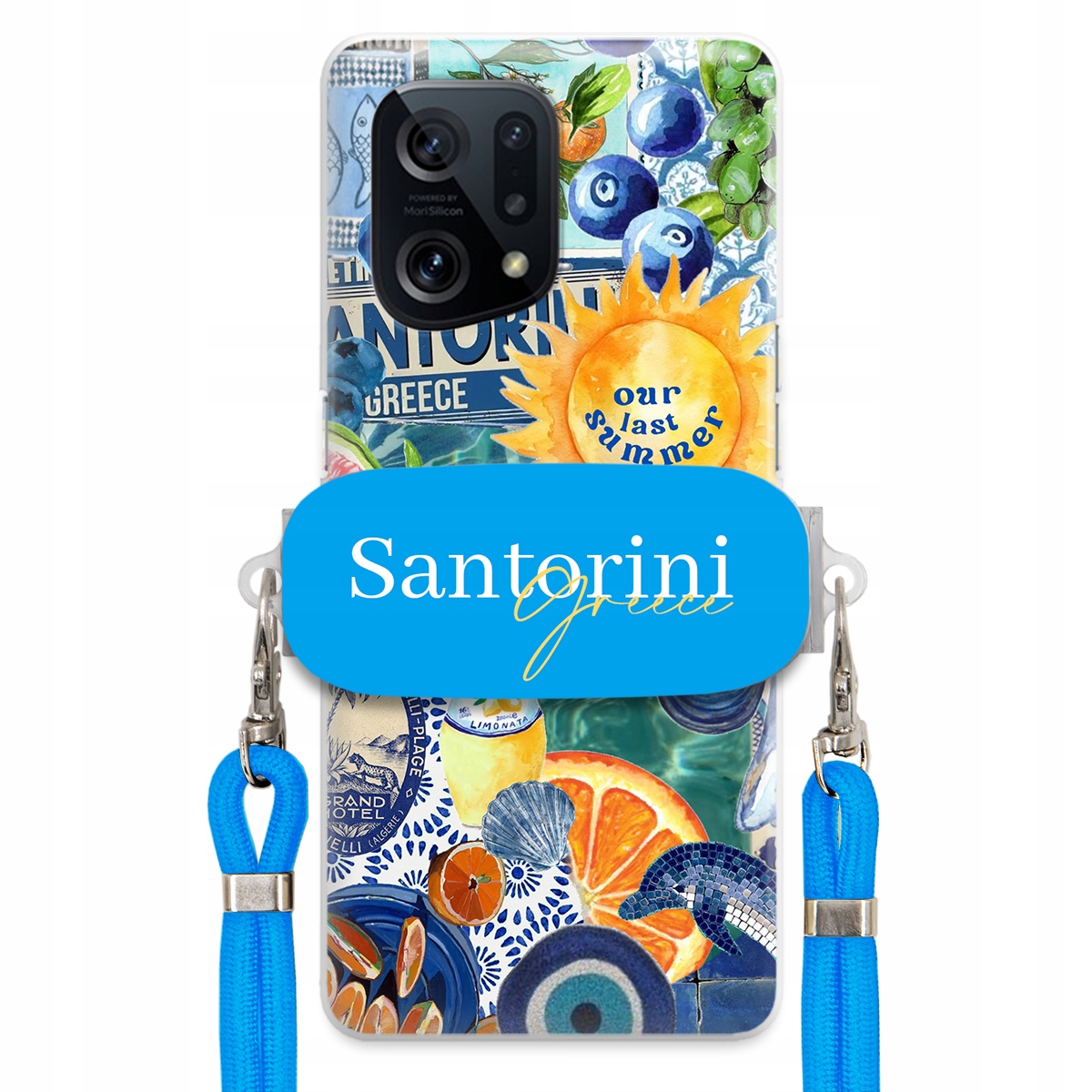 Pouzdro pro Oppo Find X5 Modré Crossbody vodítko Držák Santorini Sea Vibes