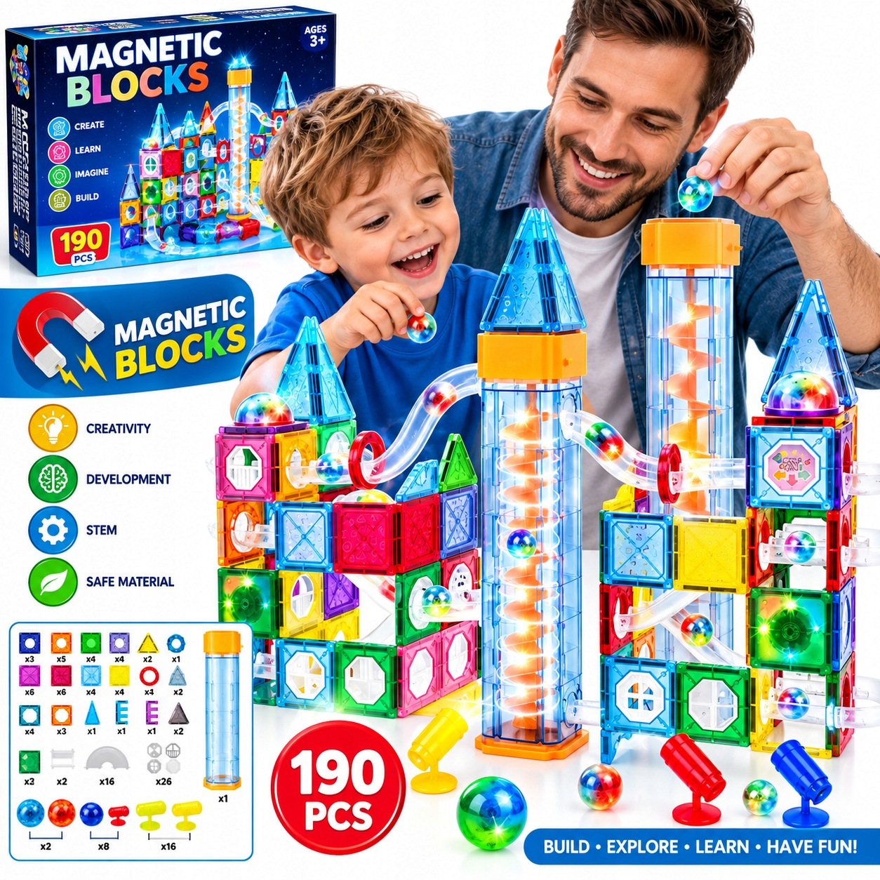 Klocki Magnetyczne Kulodrom Led 190 El Tor Kulek 3D Stem 3+