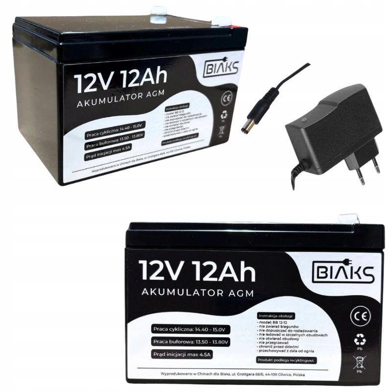 Akumulator Agm 12V 12Ah Biaks (wymiar 10Ah 14Ah 15Ah)komplet ładowarka Wtyk