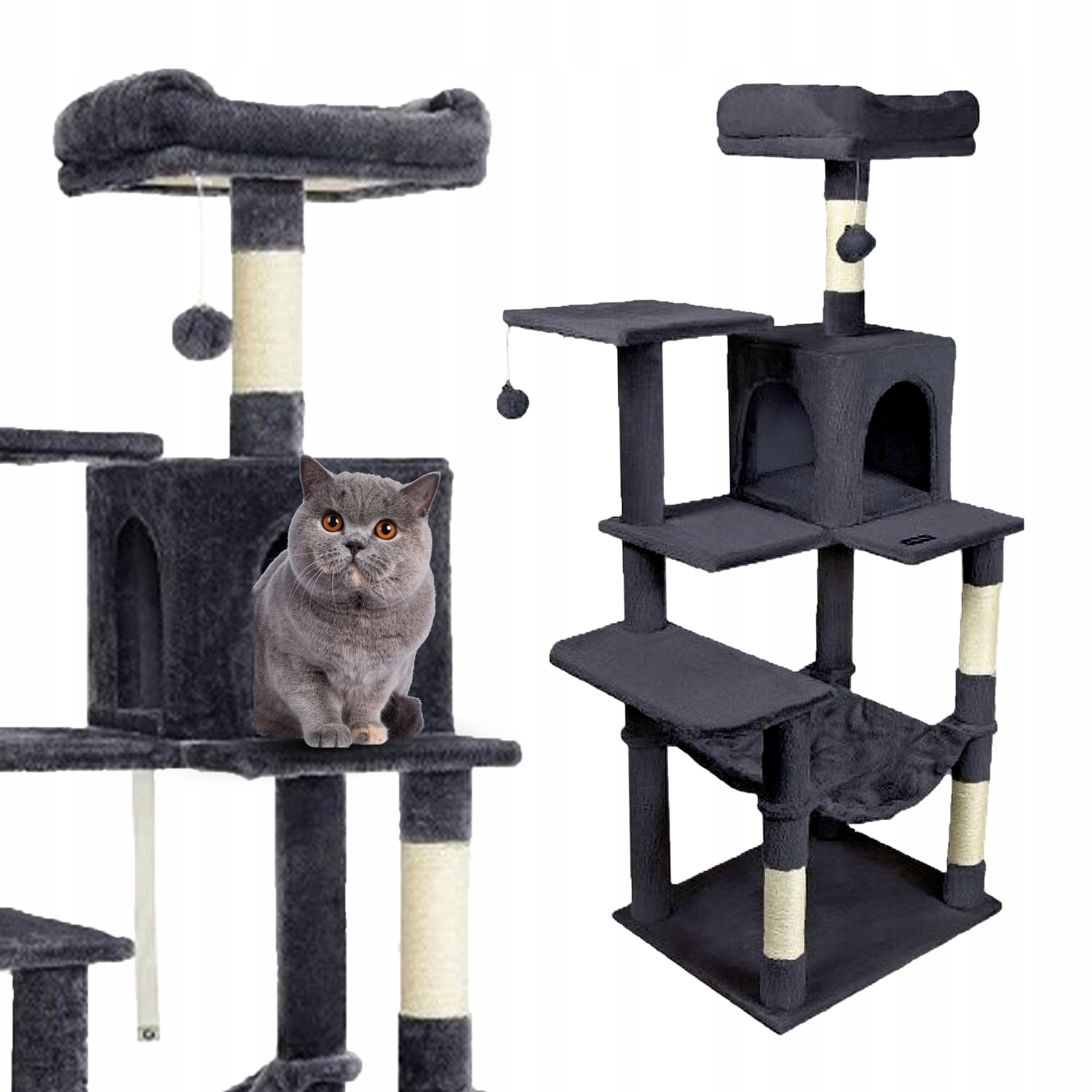 Levně Škrabadlo pro kočky Gaczoo velká věž pelíšek tmavě šedá 55 x 45 x 143 cm
