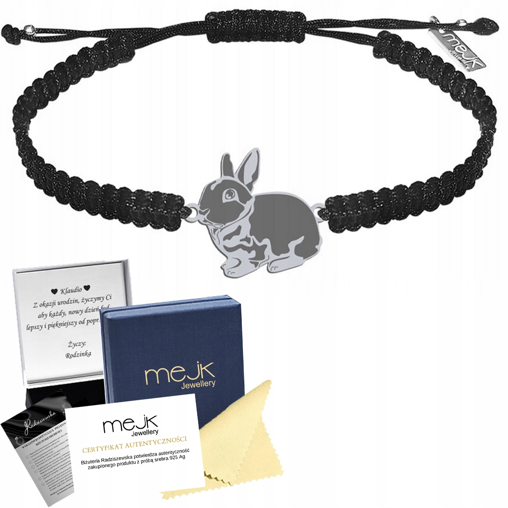 Stříbrný náramek s králíkem Rexem Karelkem 925 Makramé Šperky Gravírování