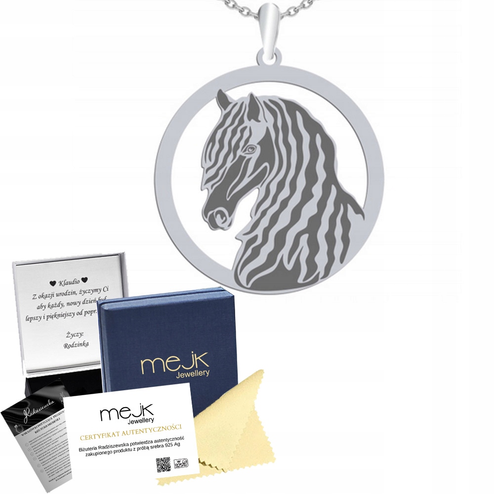 Stříbrný náhrdelník s Fríským koněm 925 Řetízek Šperky Gravírování Bonus