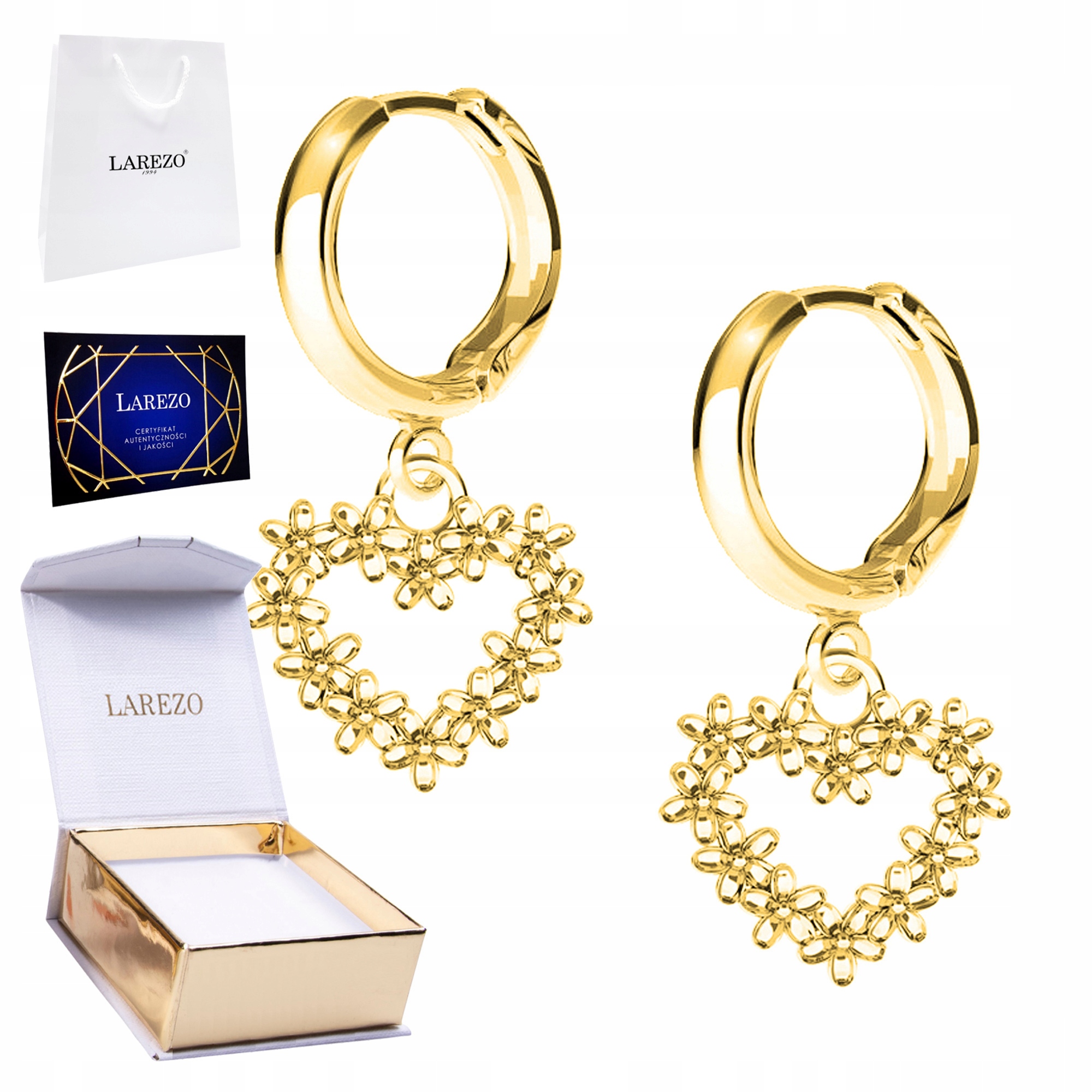 Zlaté Náušnice 925 Pozlacené s květinovými srdíčky Ozdobné Srdíčka Květiny