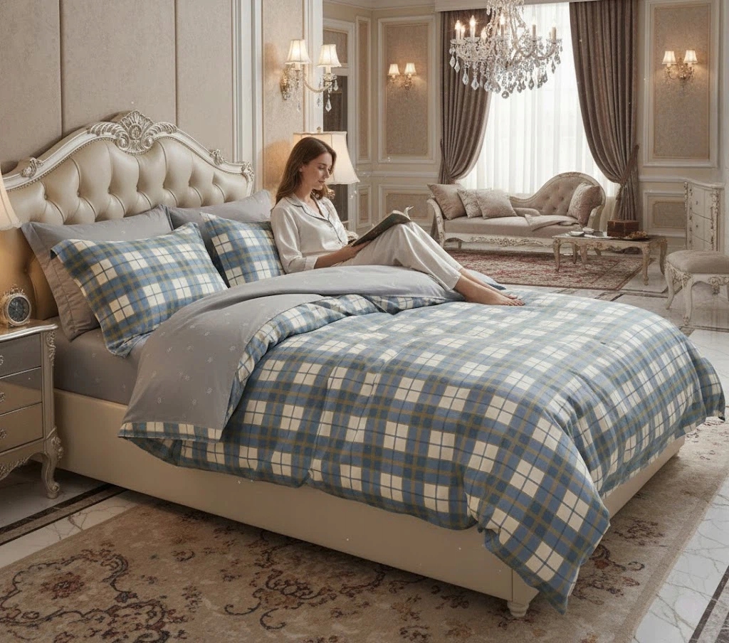 3dílná bavlněná modro-žlutá kostkovaná sada ložního prádla 160x200 cm pro dvoulůžko