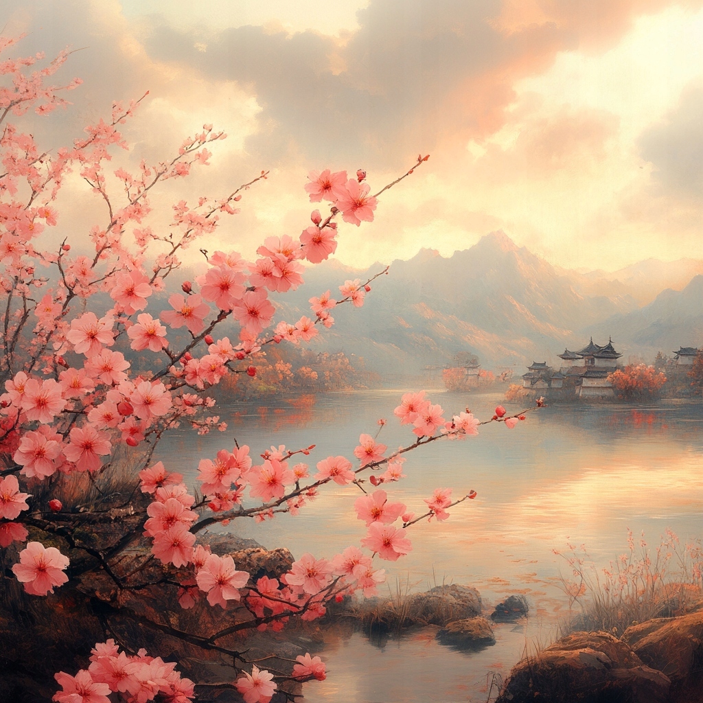 Obraz Na Plátně Canvas Krajina Pagoda Dřevo Květiny Višeň Sakura 80x80