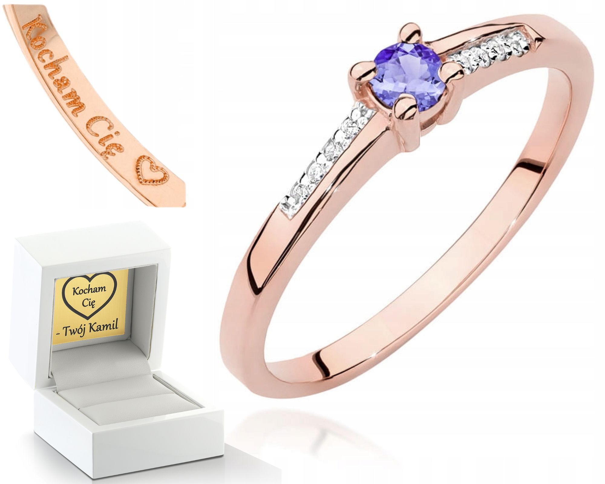 Zlatý Prstýnek Prsten S Tanzanitem, Diamanty, Růžové Zlato 585, Gravírování